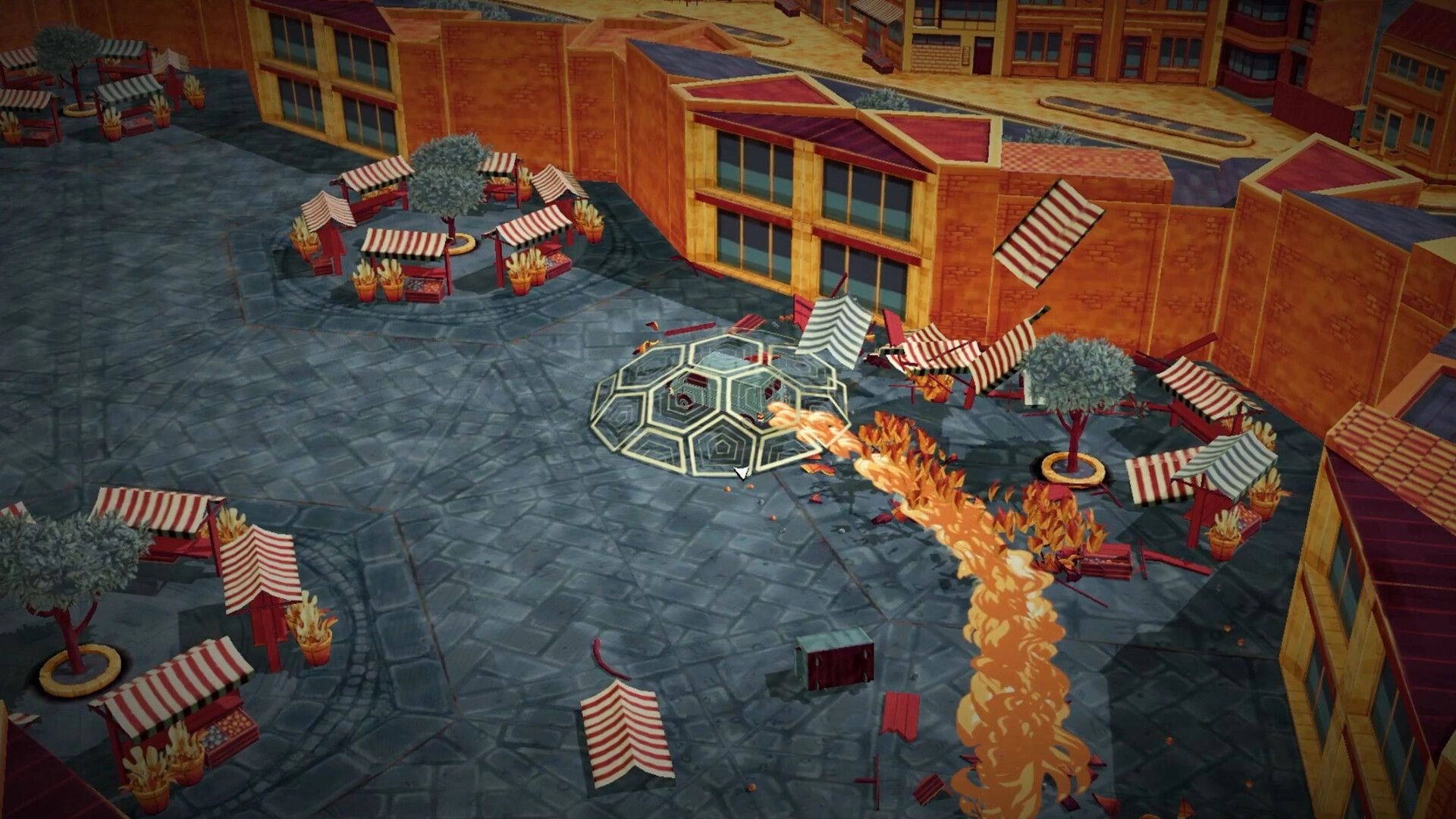 Stunt Xpress: Van drifts leaving a fiery trail through a market square with toppled stalls and trees.