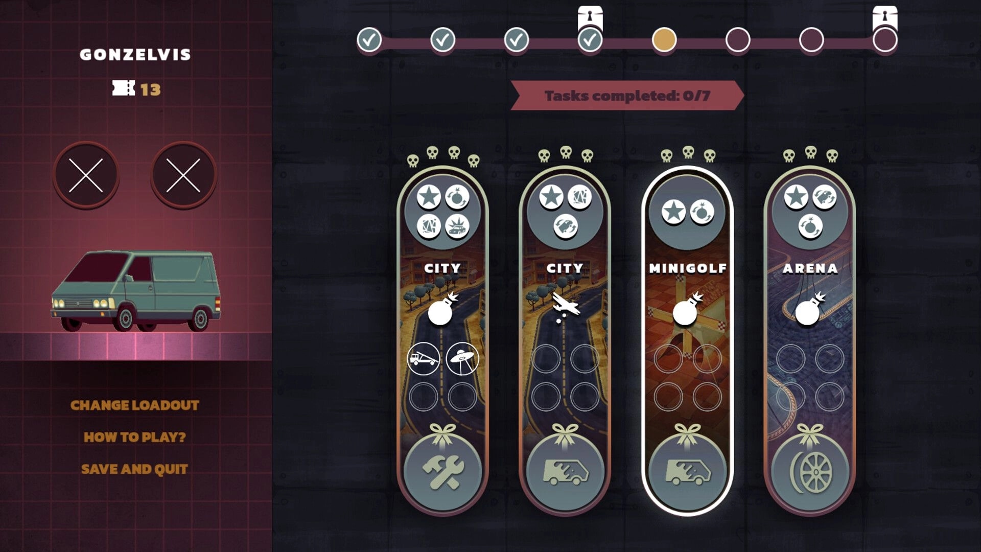 Stunt Xpress: Level selection with City, Minigolf, Arena cards and van loadout menu on grid backdrop.