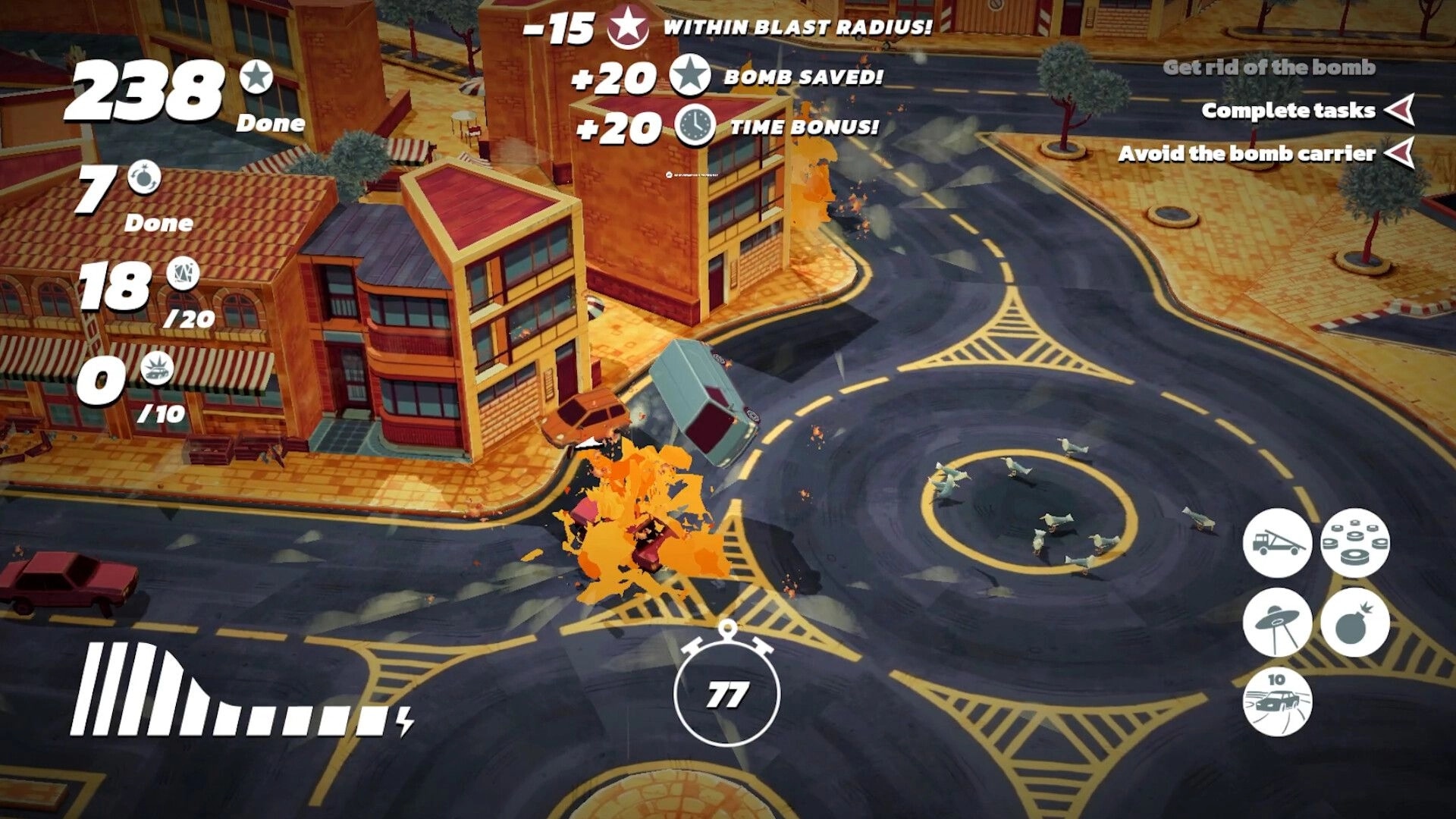 Stunt Xpress: Van crashes in a flaming roundabout with score popups and mission text in city streets.
