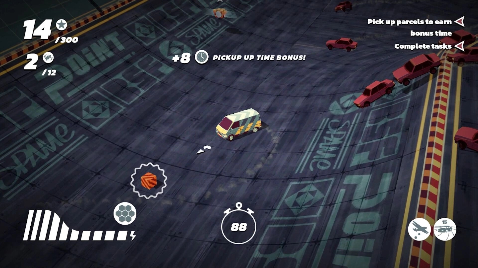 Stunt Xpress: Delivery van dodges red cars on arena track, pickup time bonus and timer UI active.