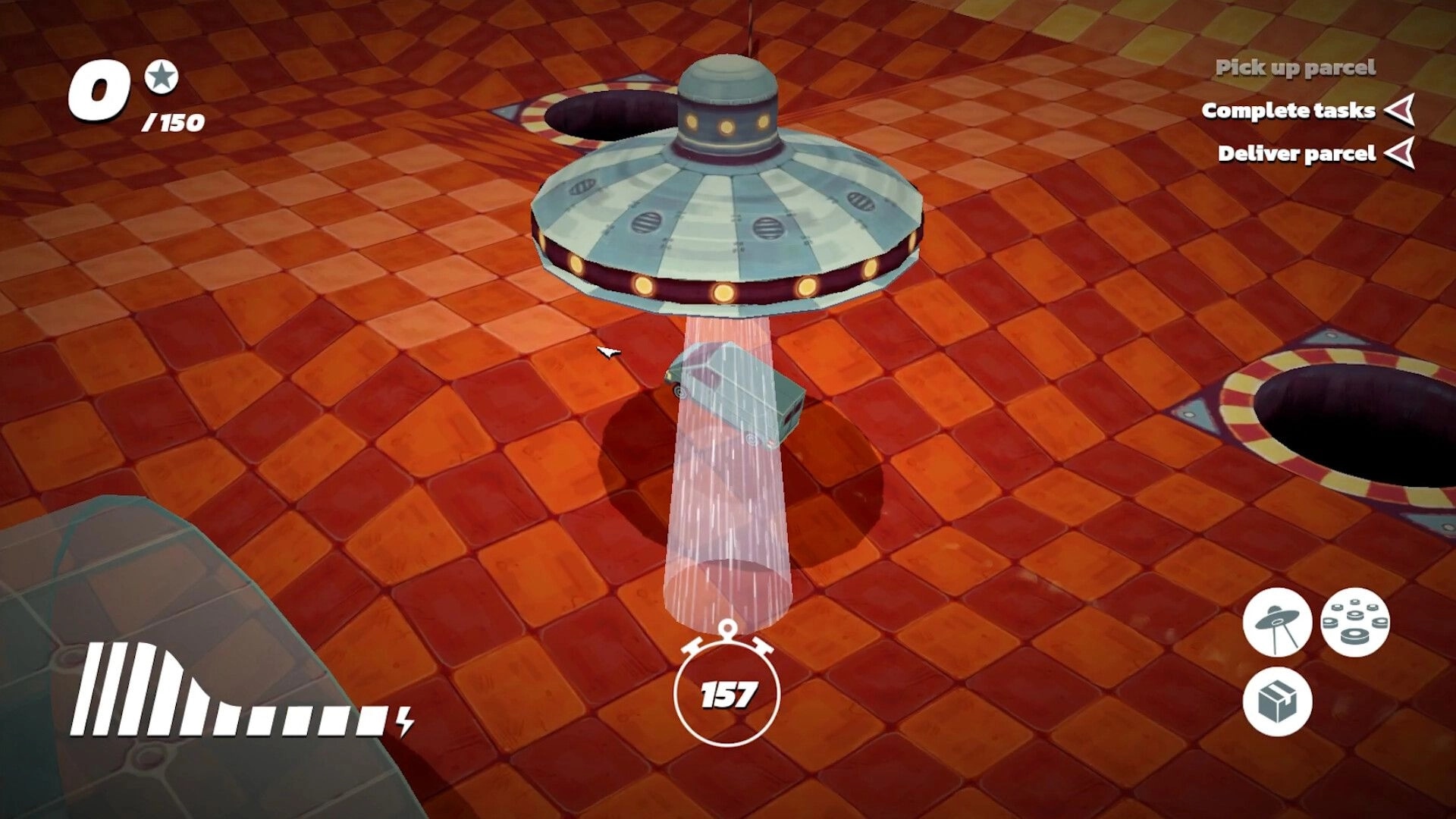 Stunt Xpress: UFO tractor beam lifts a delivery van over tiled arena with pickup and deliver tasks UI.
