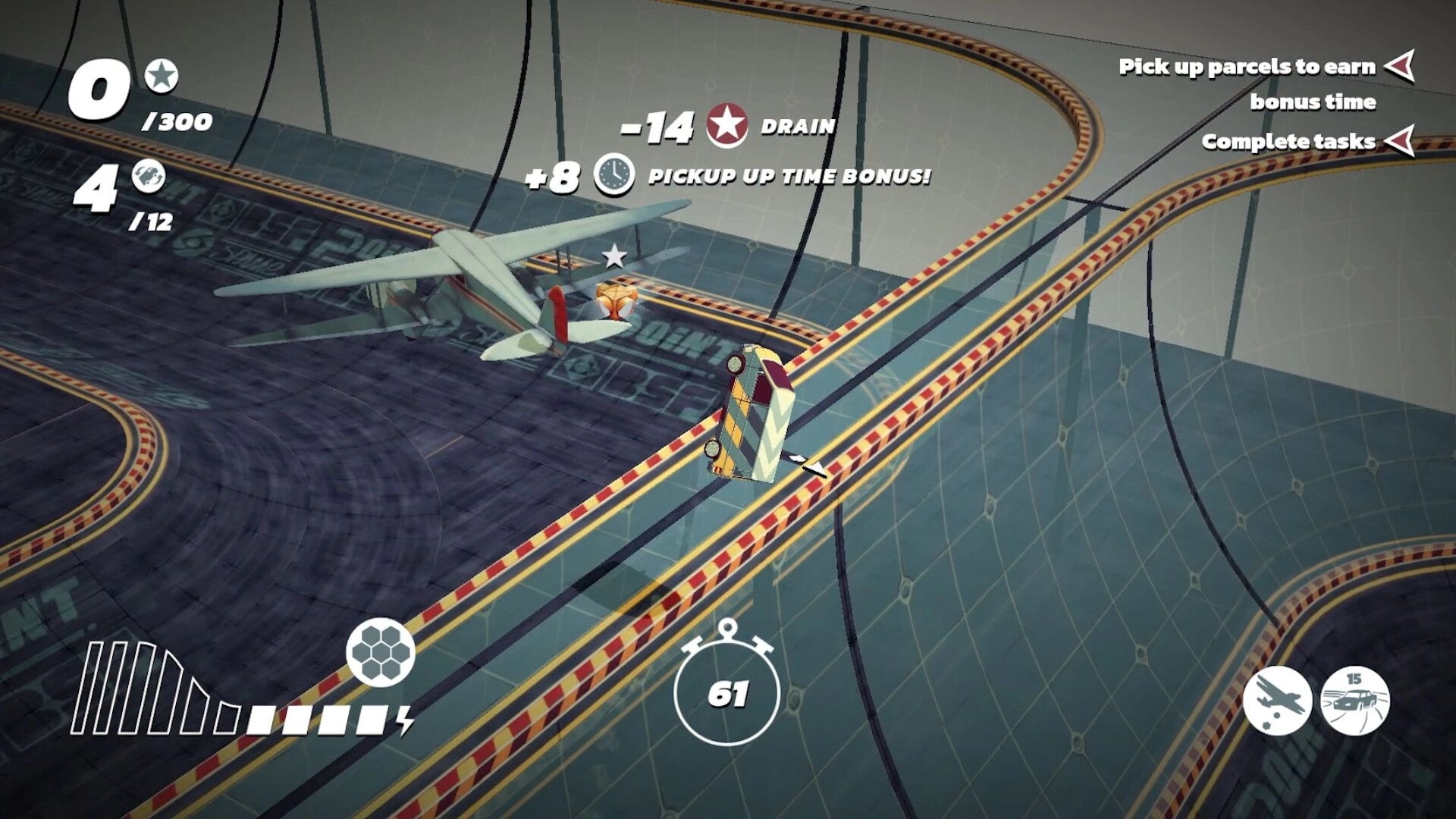 Stunt Xpress: Van flips on a banked track near a plane, score and timer HUD in stunt arena.
