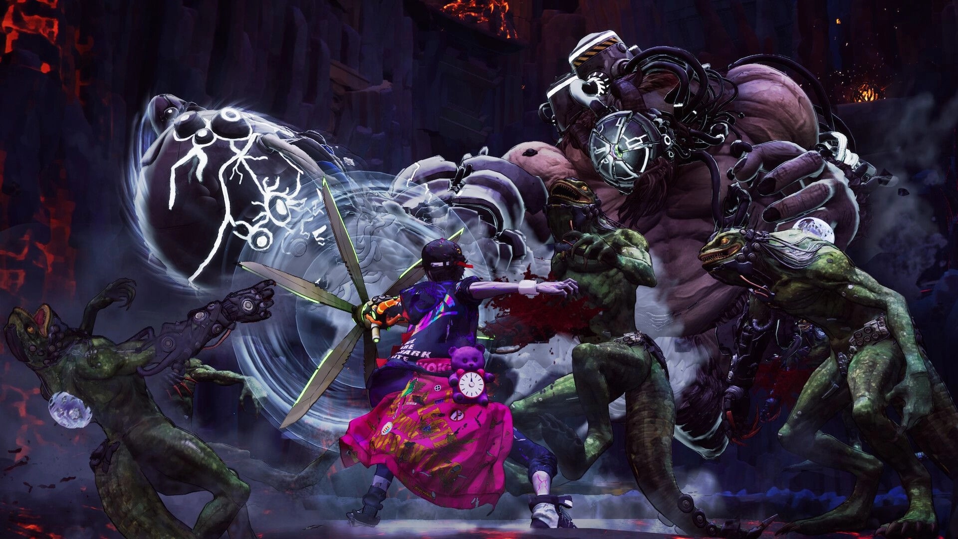 Stupid Never Dies: Hero slashes lizard mutants as a huge cyber brute looms in dark cavern arena.