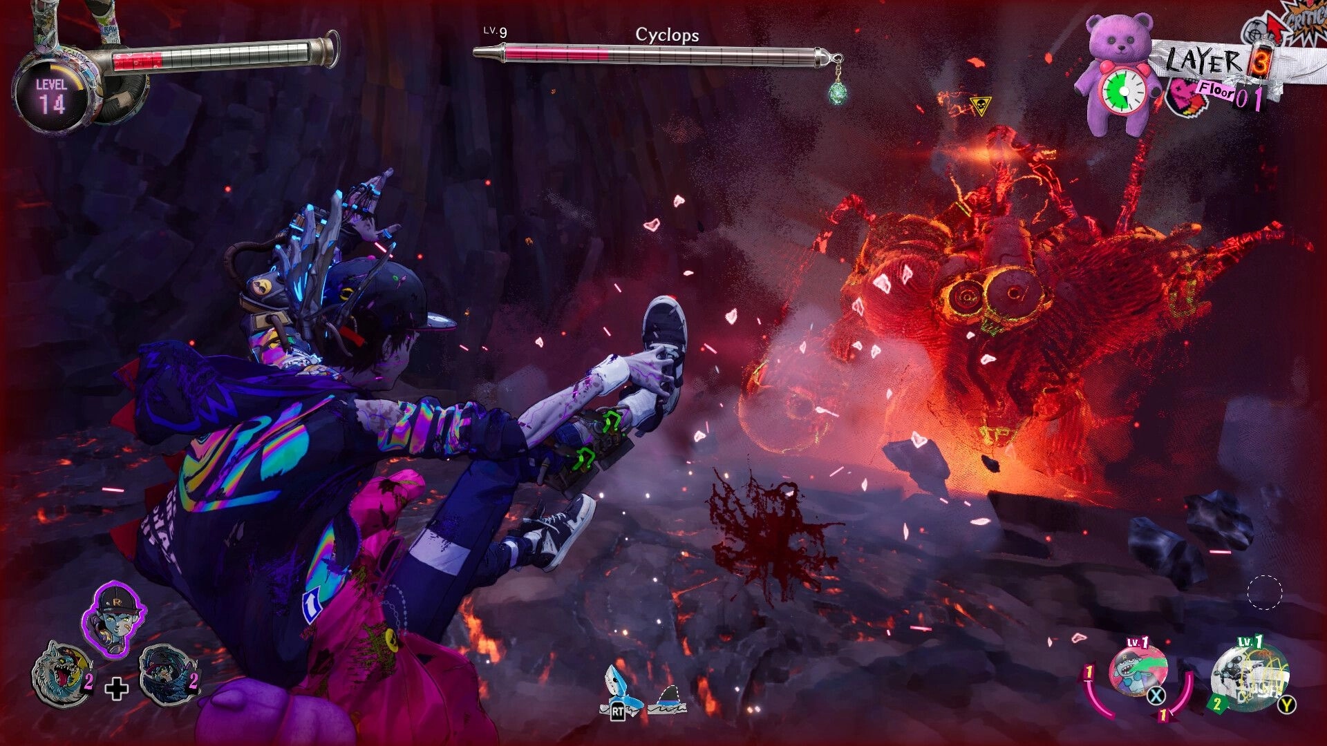 Stupid Never Dies: Player character knocked down as Cyclops boss explodes in a fiery cavern arena.