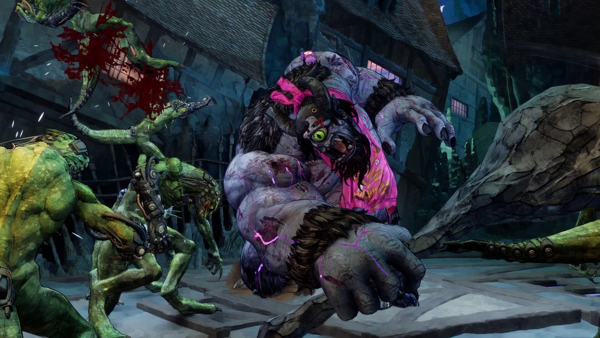 Stupid Never Dies: Mutant beast in pink scarf battles cyborg zombies in a snowy ruined village street.