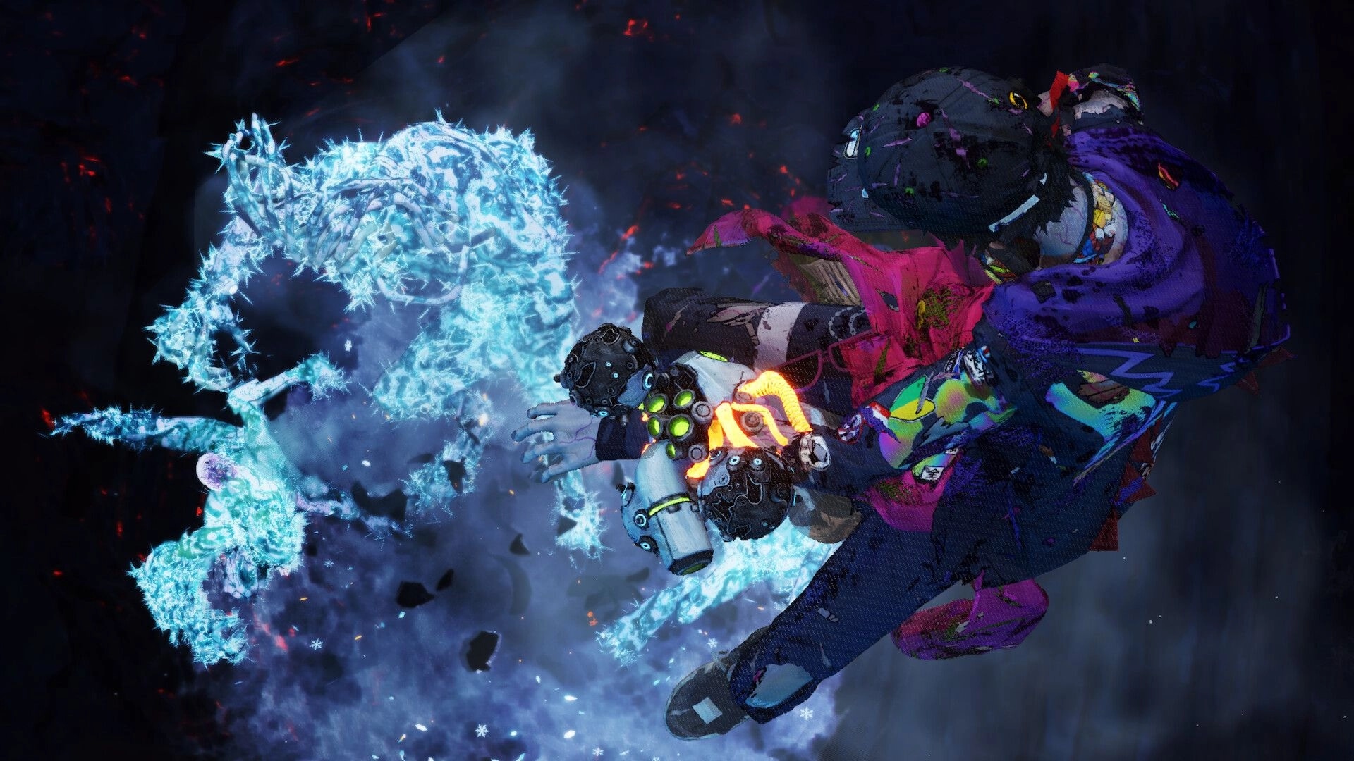 Stupid Never Dies: Midair punch hits a blue ice monster, sparks and debris in a dark cavern backdrop.