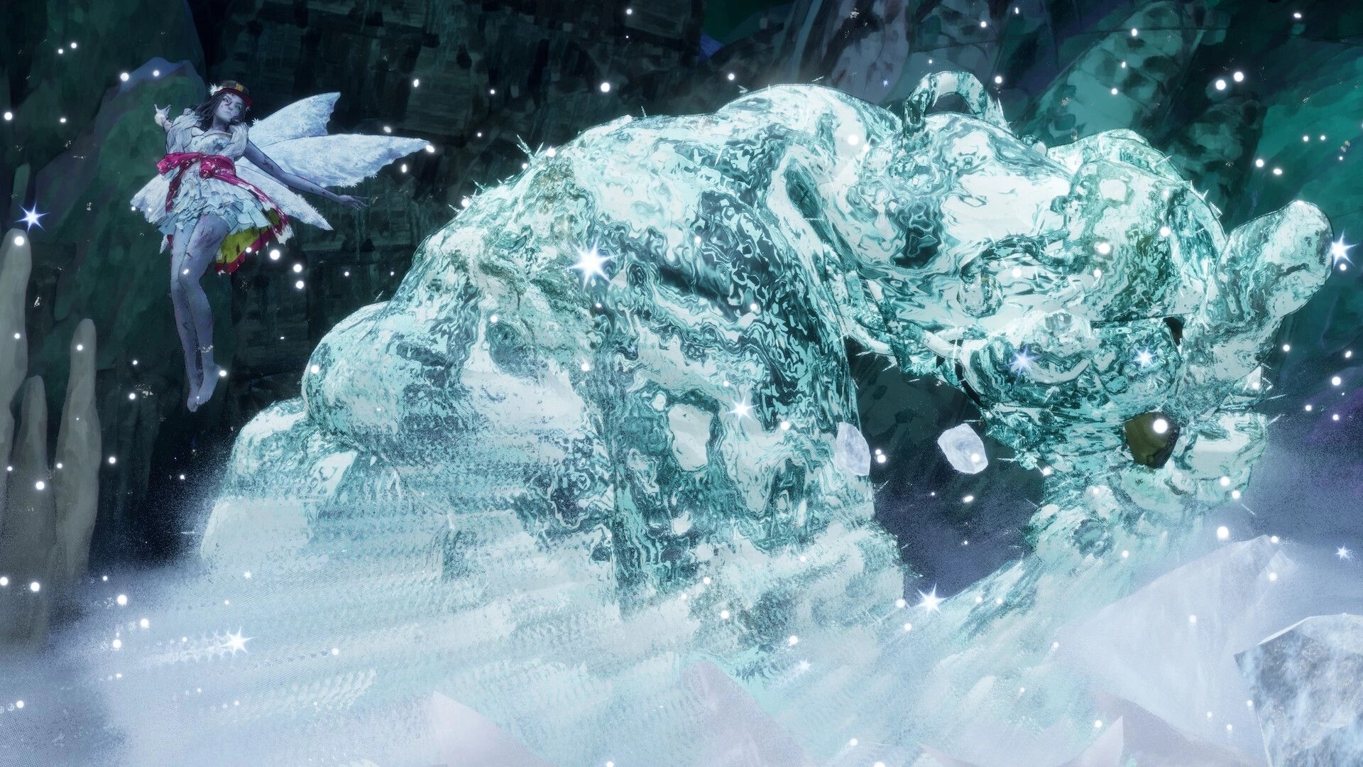 Stupid Never Dies: Winged girl floats beside a massive frozen bear statue in an icy cavern storm.
