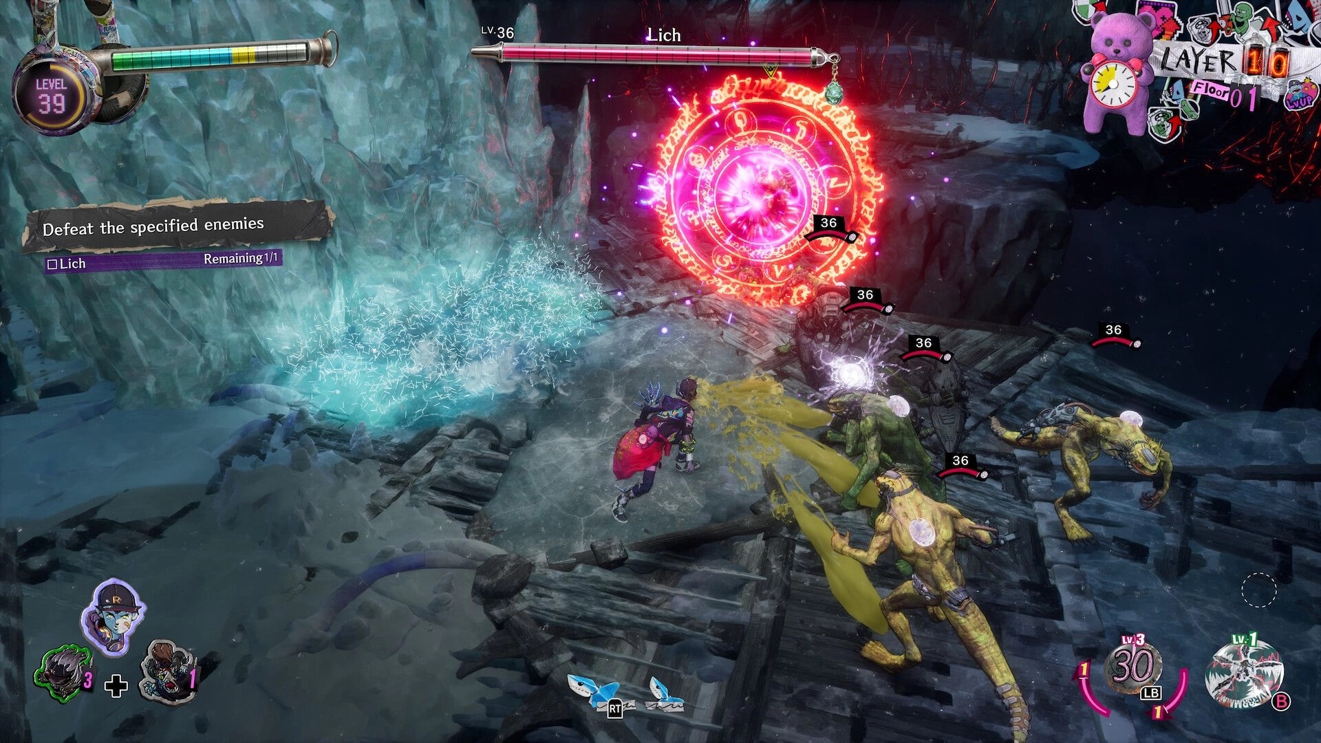 Stupid Never Dies: Fight with Lich boss bar and spell circle on icy bridge, quest tracker left UI.