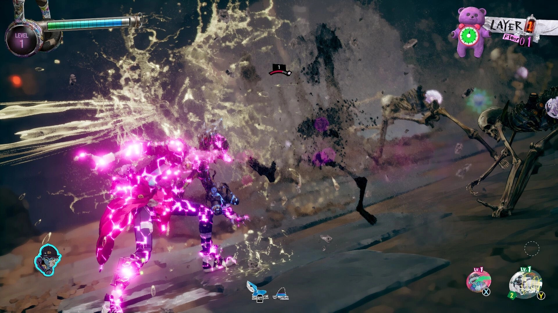 Stupid Never Dies: Pink-glowing hero attacks a skeleton in rocky dungeon, Level 1 UI and Layer 1 Floor 01 banner.