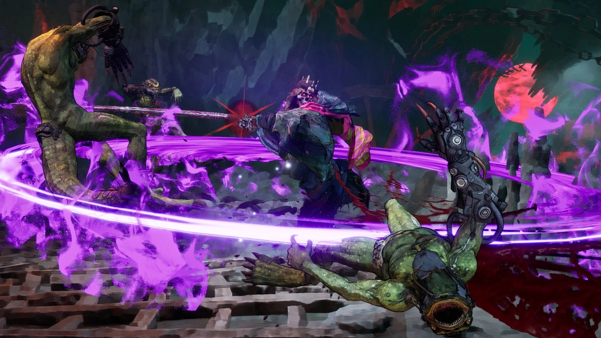 Stupid Never Dies: Zombie warrior slashes mutants with purple energy ring in cavern arena under red moon.