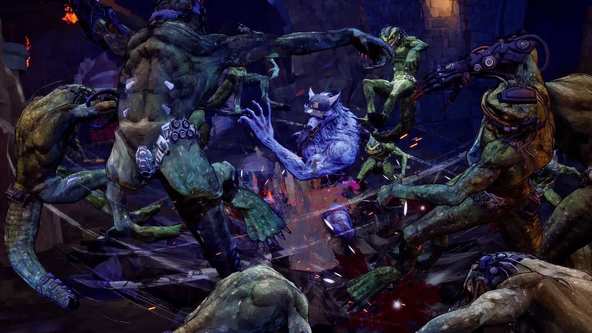 Stupid Never Dies: Blue werewolf hero slashes through mutant enemies in a dark stone dungeon battle.