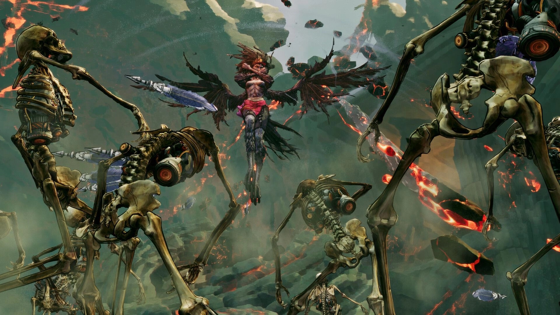 Stupid Never Dies: Winged boss hovers amid giant skeletal walkers in a lava-lit ruined cavern.