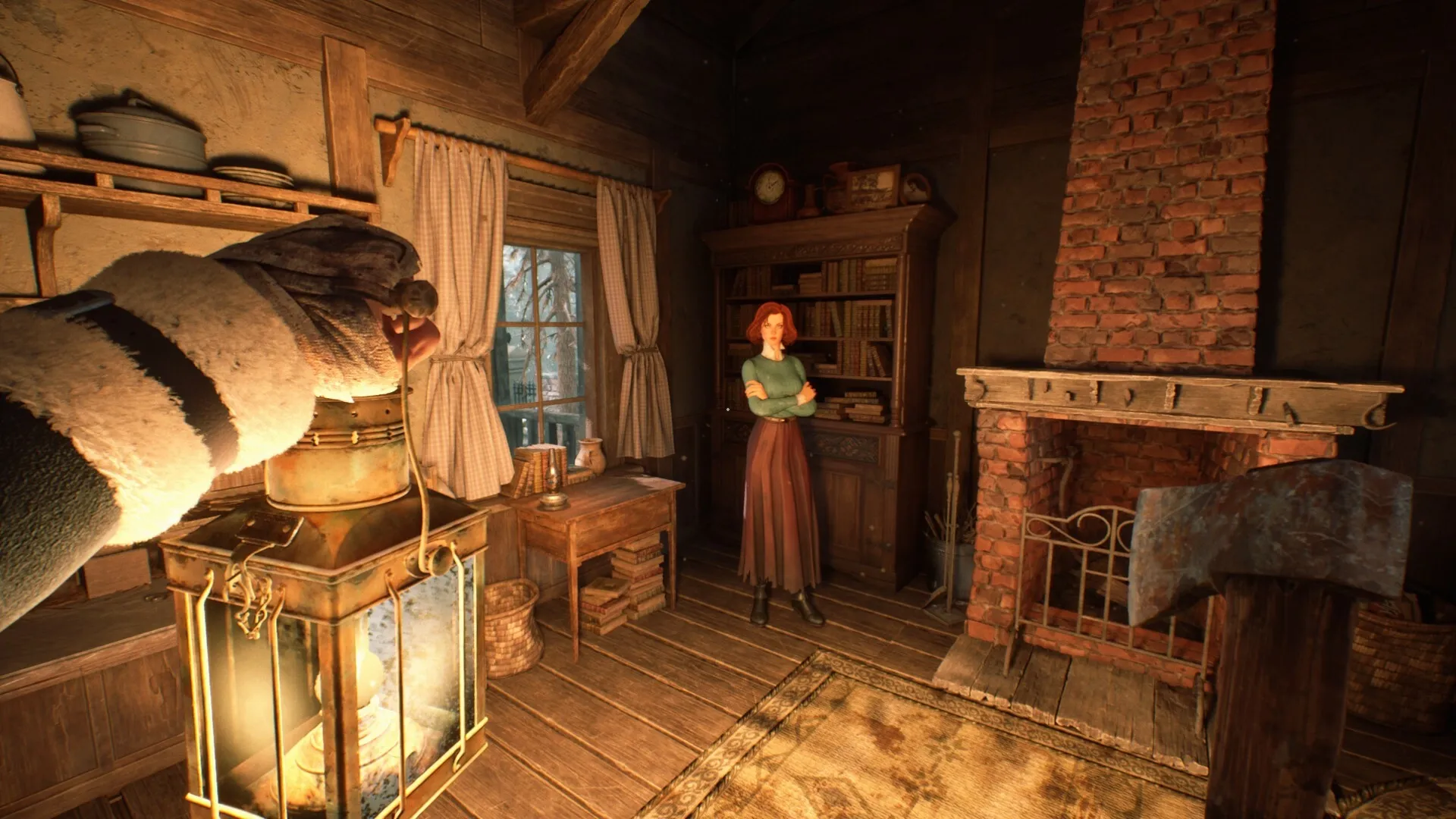 Stygian: Player holds lantern, woman stands by bookshelf in rustic room with brick fireplace