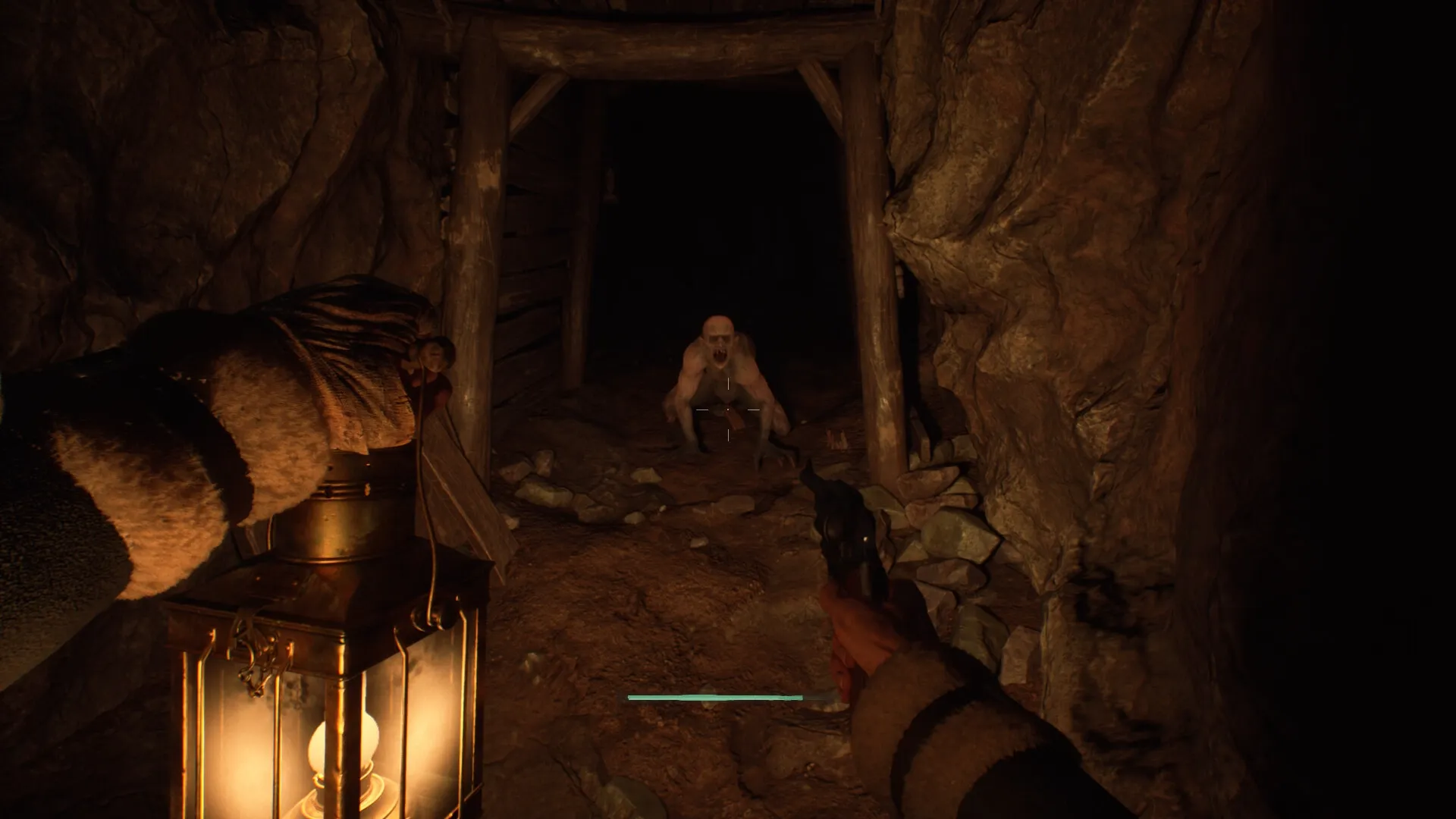 Stygian: Confronting a creature in a dimly lit cave with a lantern and pistol in hand