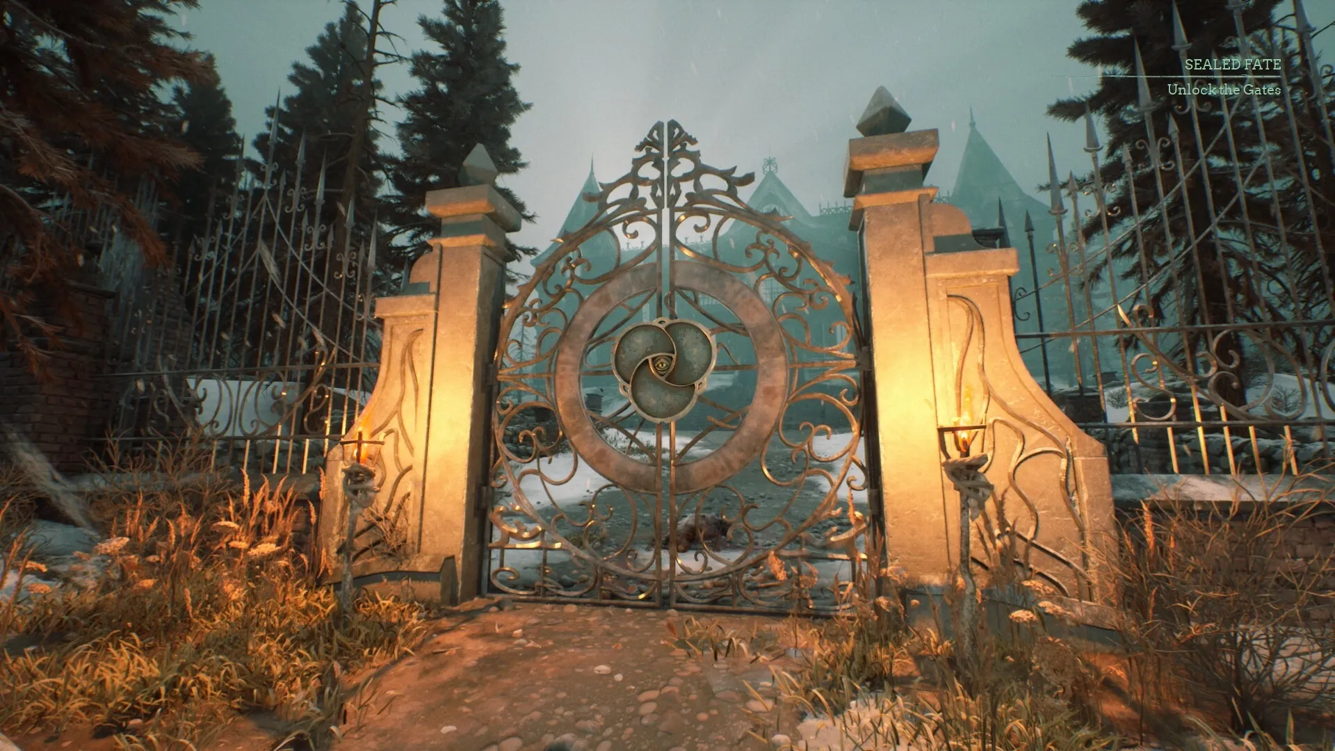 Stygian: Intricate gate with a glowing torch in a snowy forest setting, objective text visible.