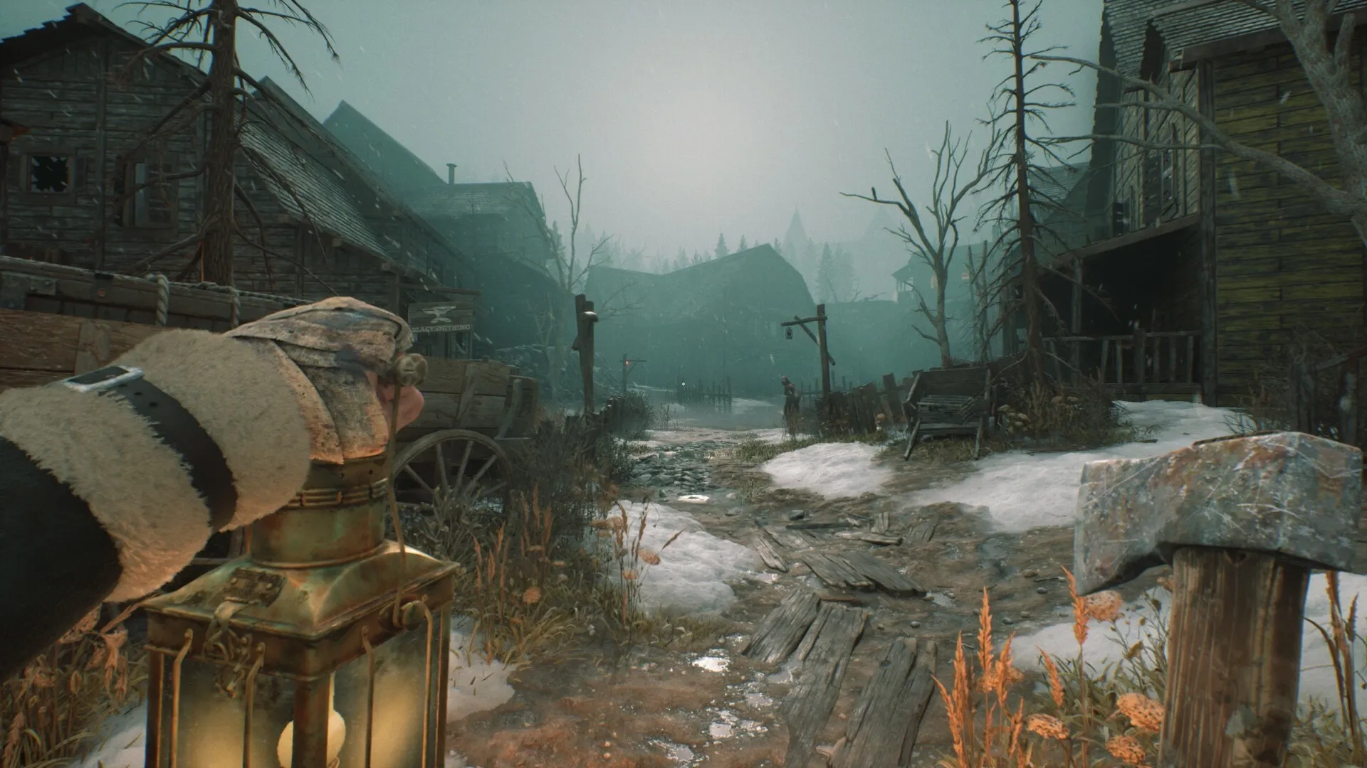 Stygian: Player holds lantern in desolate snowy village street with abandoned wooden buildings