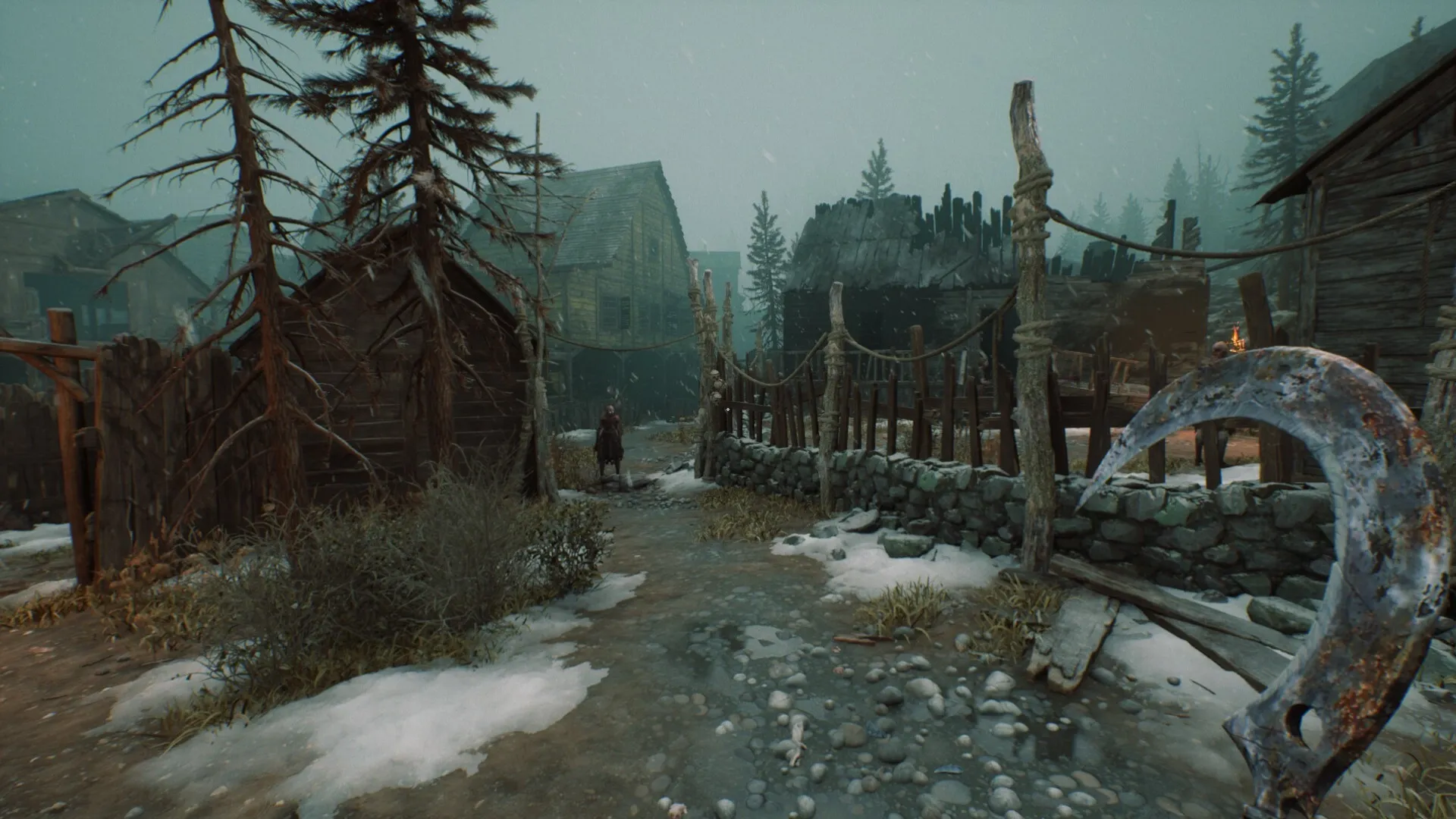 Stygian: Character explores a desolate, snowy village path with an old sickle in hand, eerie atmosphere.