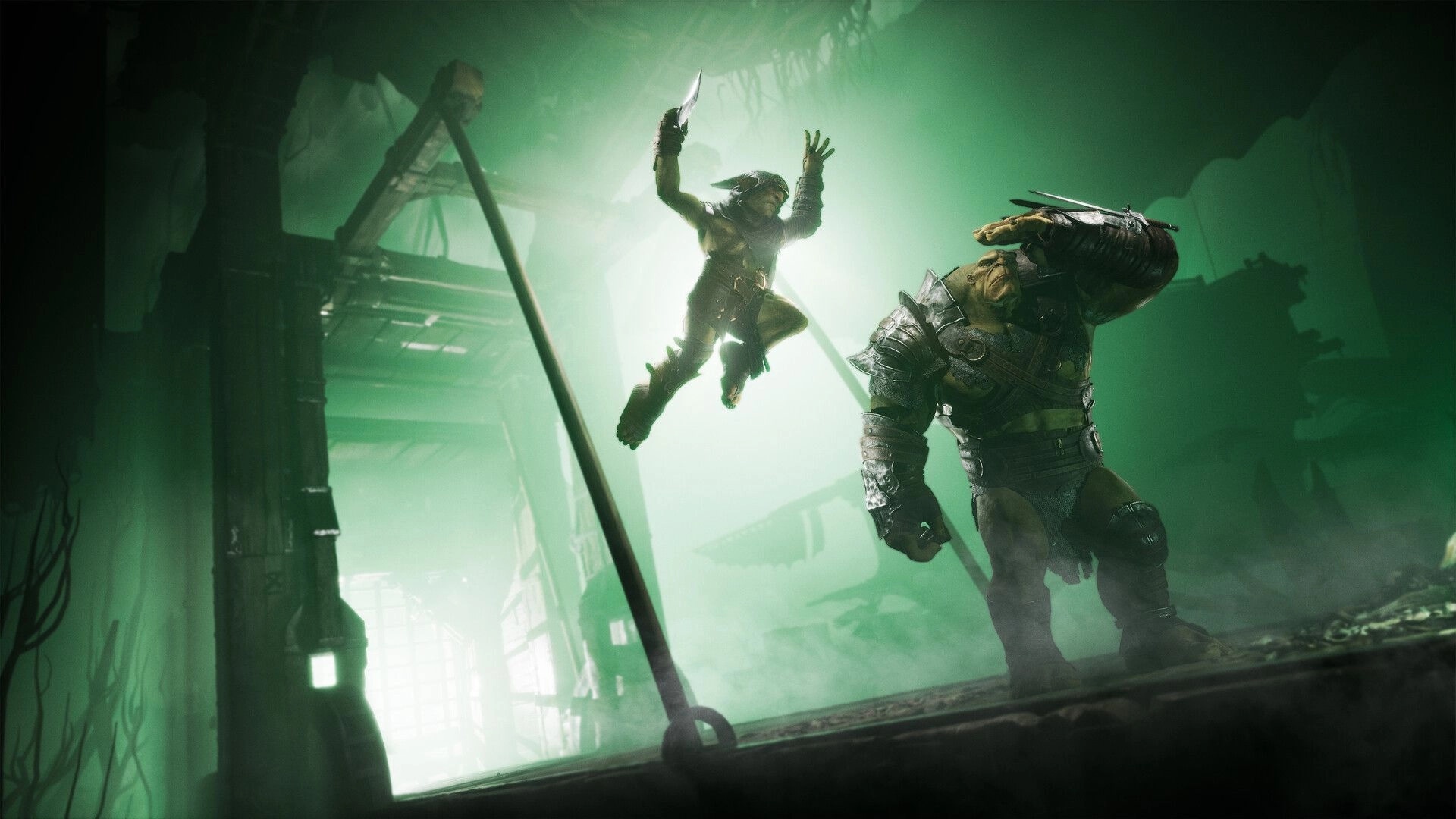 Styx: Ambushing an armored enemy from above in a dimly lit, green-hued industrial environment