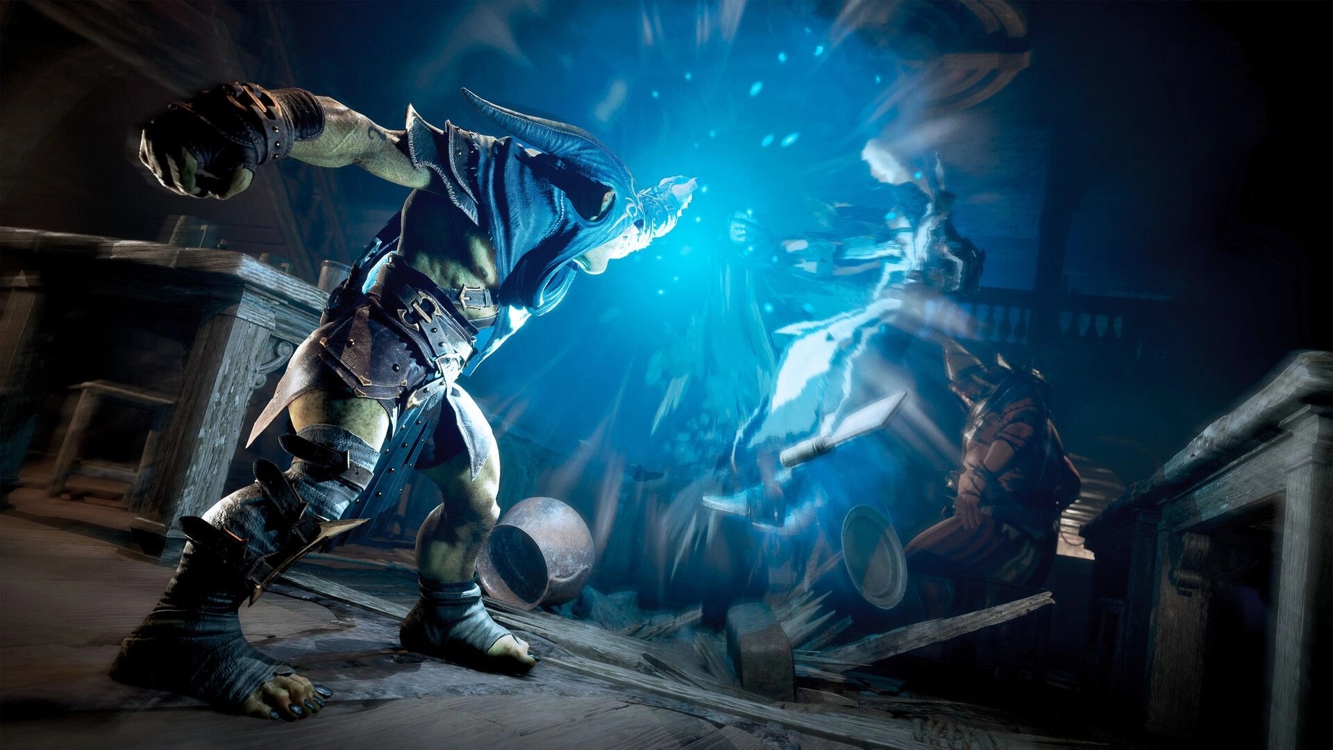 Styx: Goblin uses magical blast against armored enemy in dimly lit medieval tavern setting