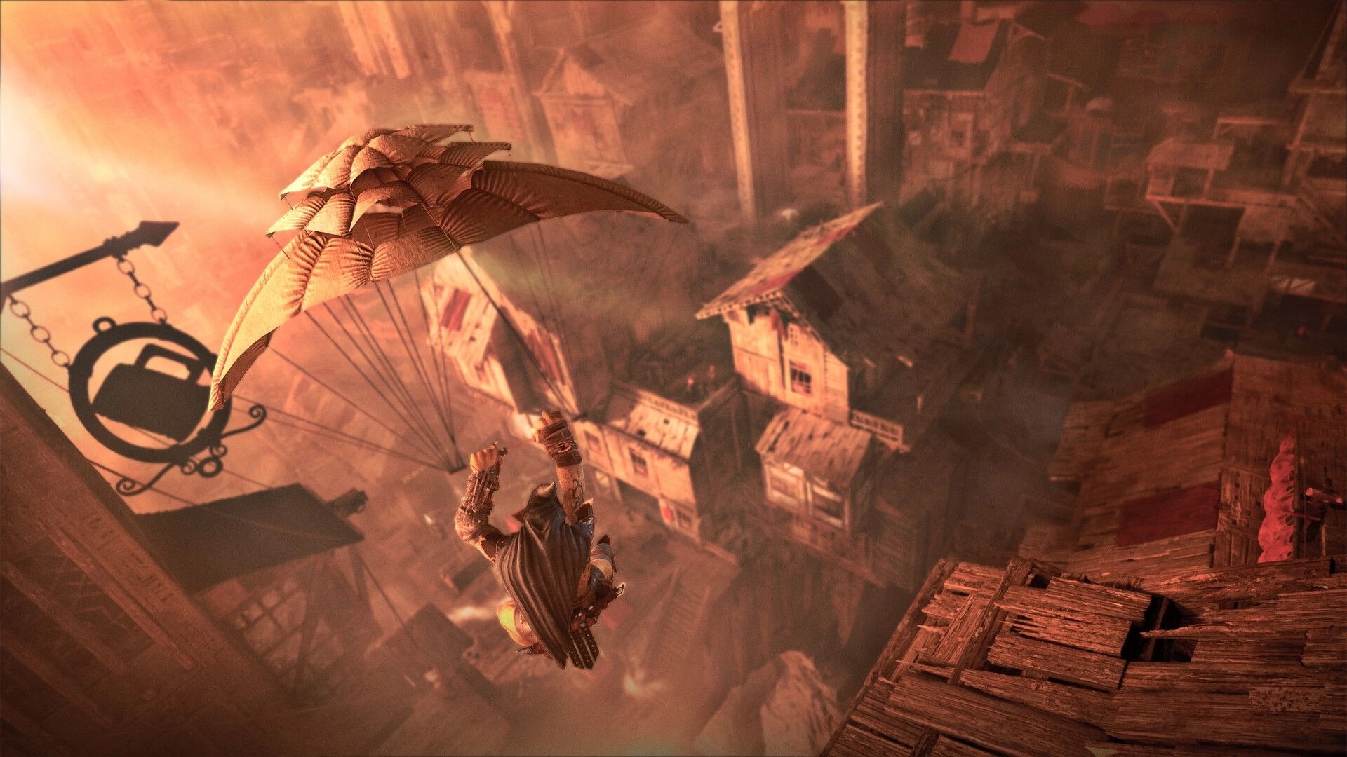 Styx: Gliding over a rustic cityscape with a wooden parachute in the Iserian Continent's dusk sky