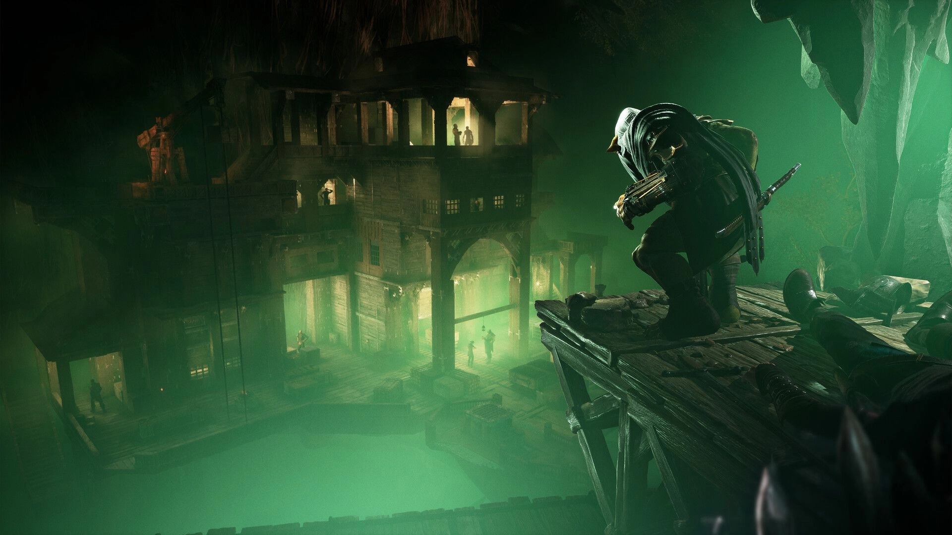 Styx: Crouched on a wooden ledge, overlooking a dimly lit fortress with glowing green mist.