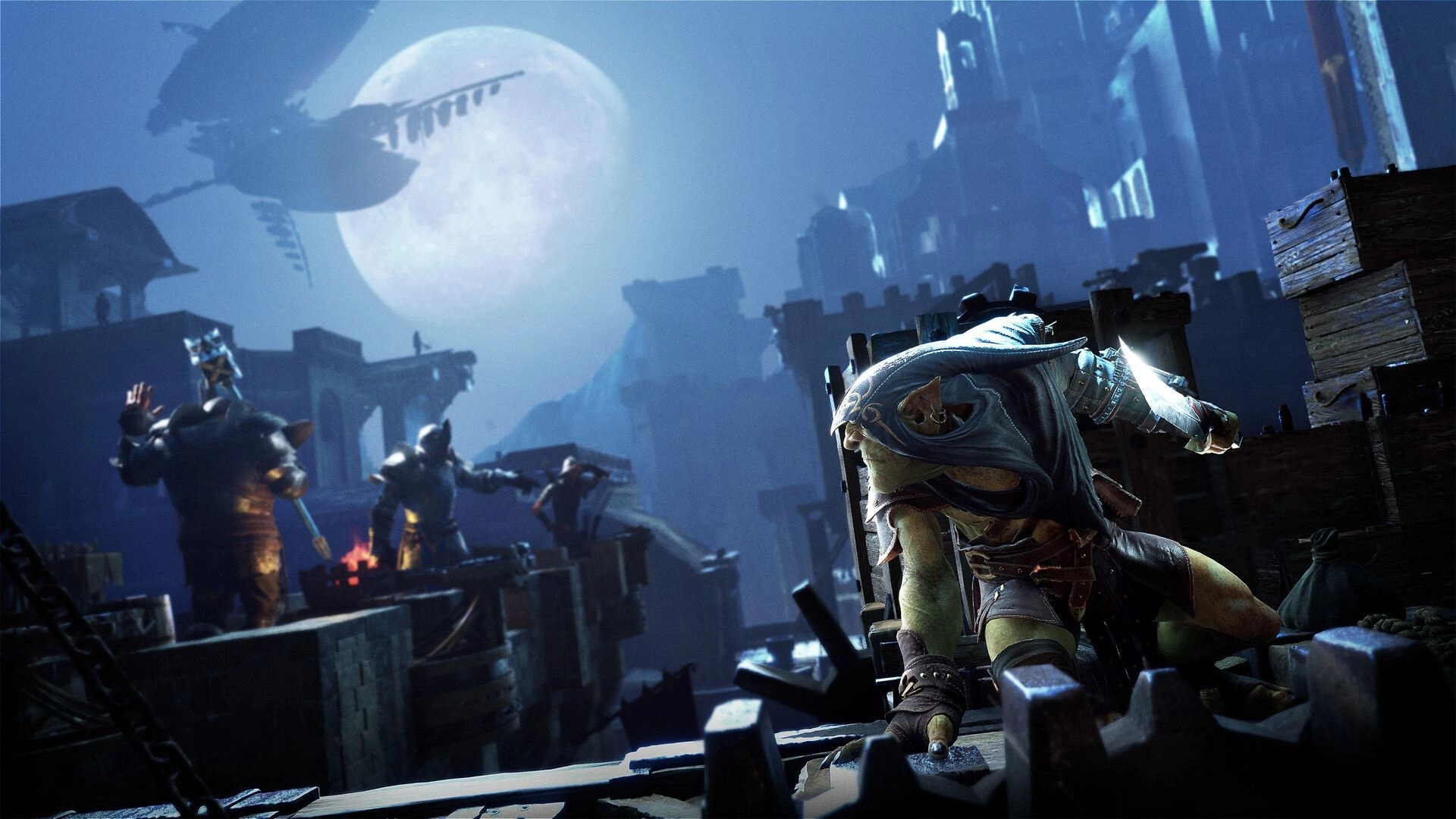 Styx: Sneaking across castle battlements under moonlight with guards in the background on alert