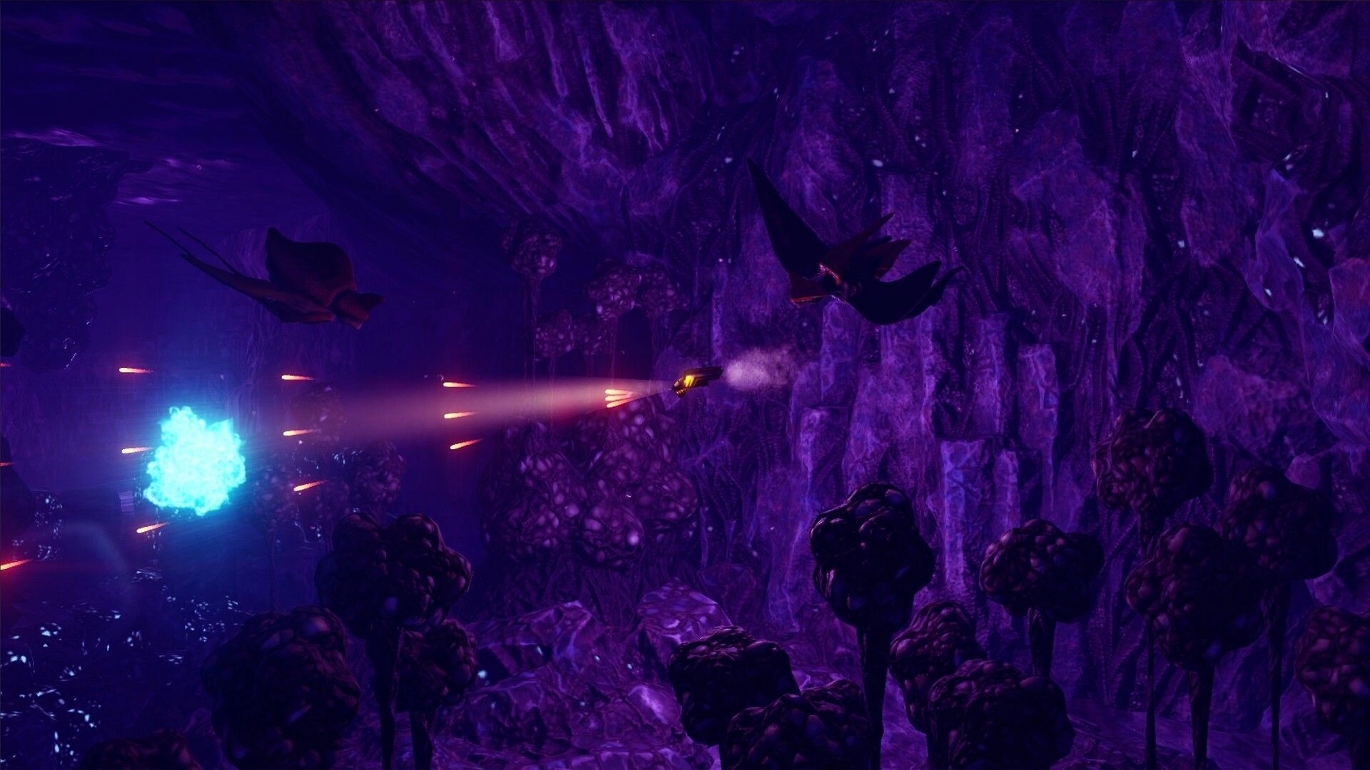 Sub-Species: Submarine firing at alien creatures in a dark, cavernous underwater environment