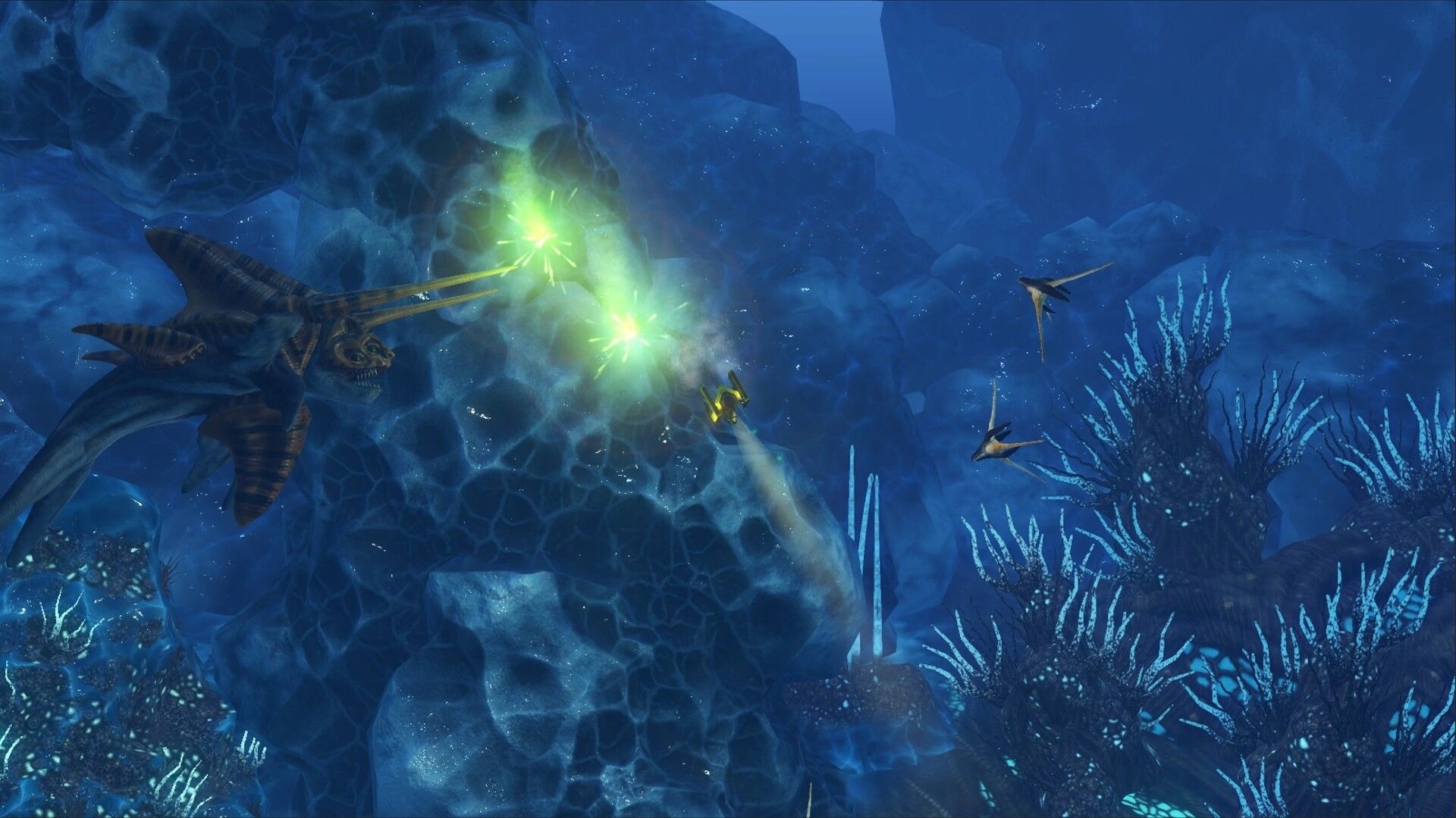 Sub-Species: Underwater exploration with submersible and alien creatures in glowing coral environment