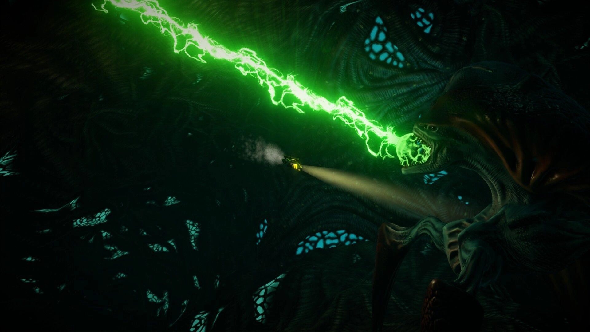 Sub-Species: Alien creature shooting green energy beam underwater in dark, tangled environment