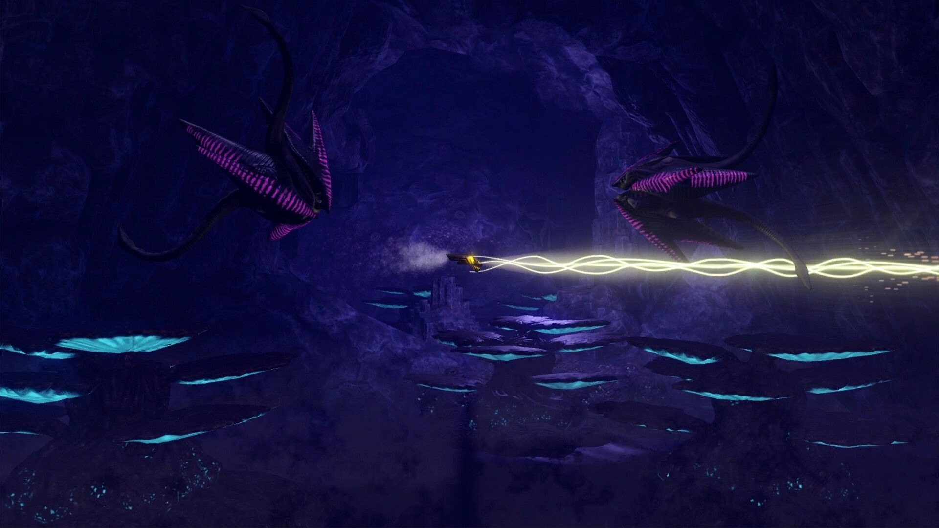 Sub-Species: Underwater battle with alien creatures and energy beam in dark cave environment