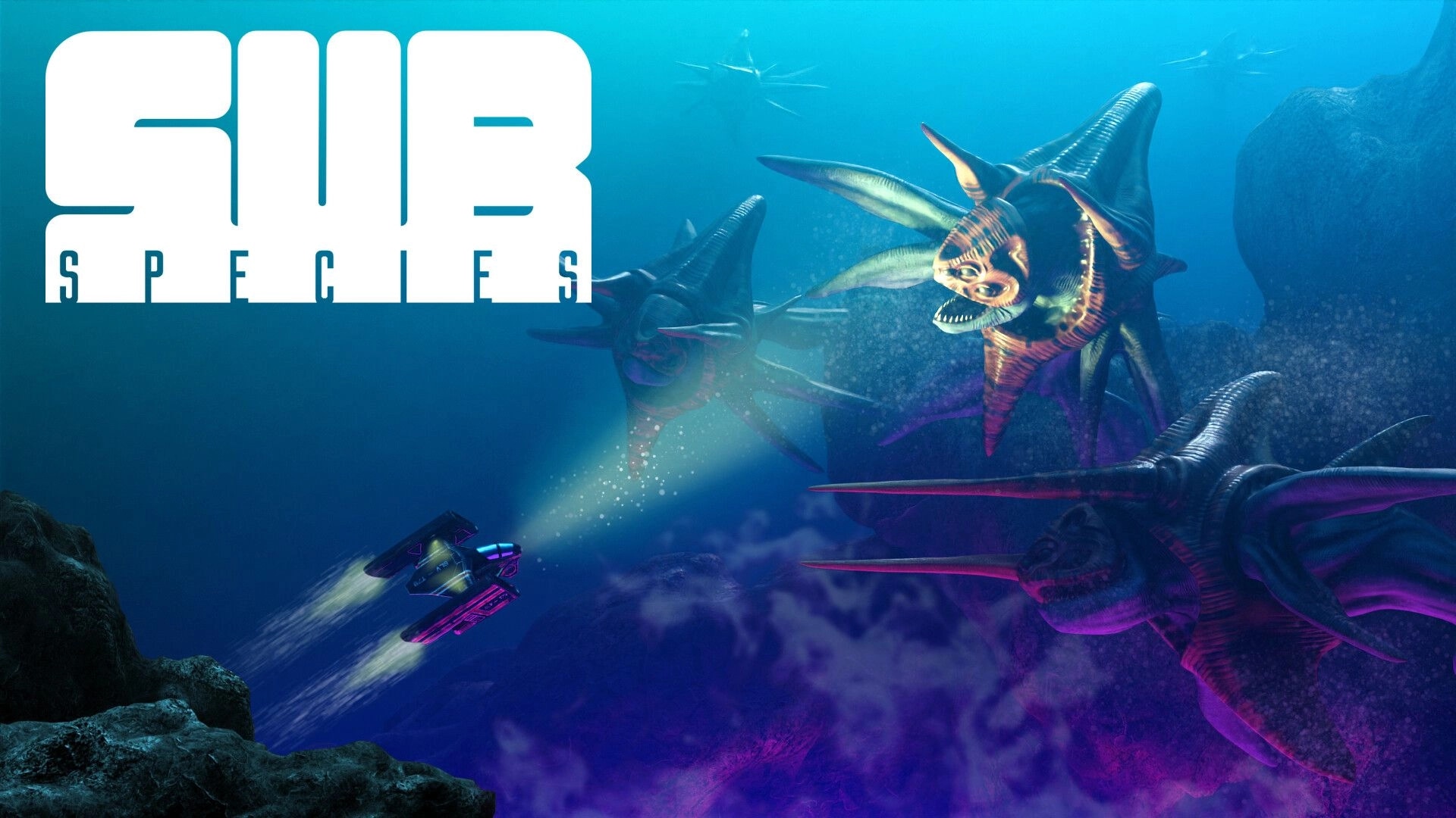 Sub-Species: Submarine evading alien creatures in deep ocean environment with blue and purple hues