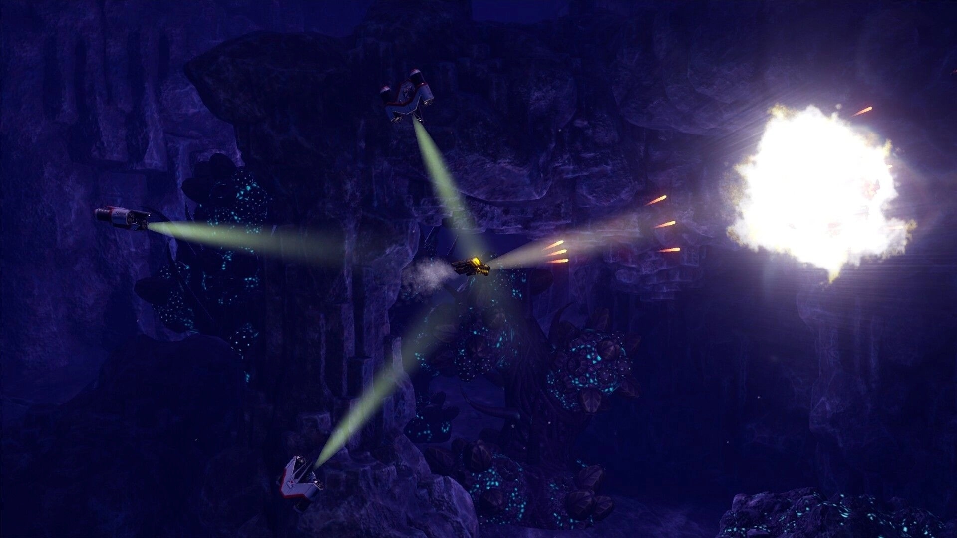 Sub-Species: Underwater drone firing missiles inside dark cavern with glowing plants and debris explosion