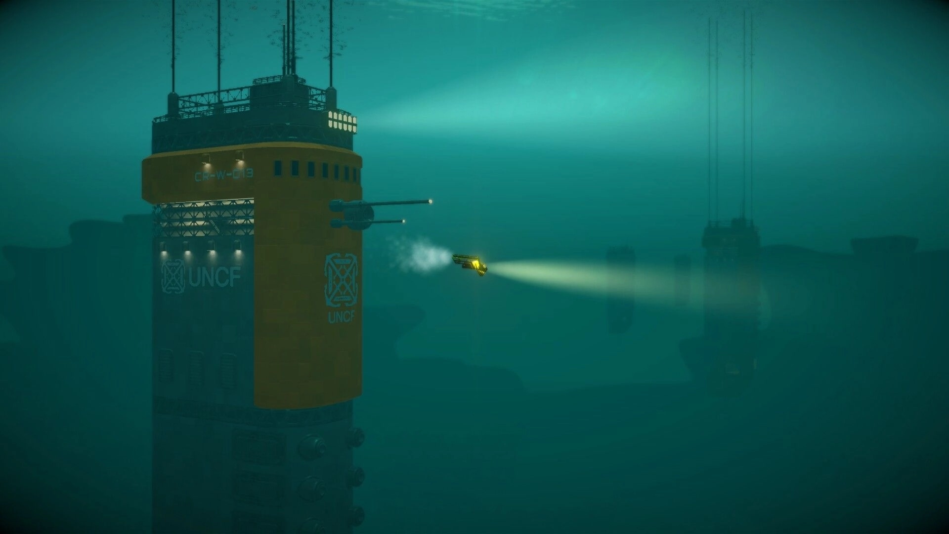 Sub-Species: Small submarine explores deep ocean near large UNCF tower with searchlights illuminating surroundings