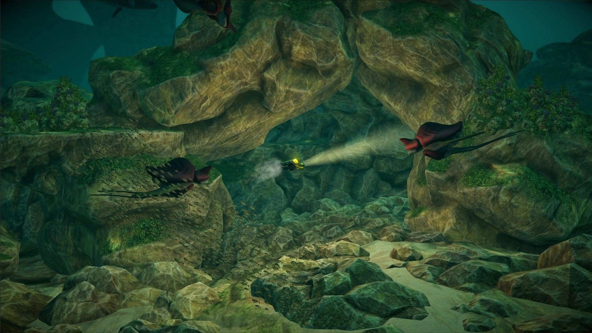 Sub-Species: Diver navigates rocky underwater cavern with alien creatures and schools of fish nearby