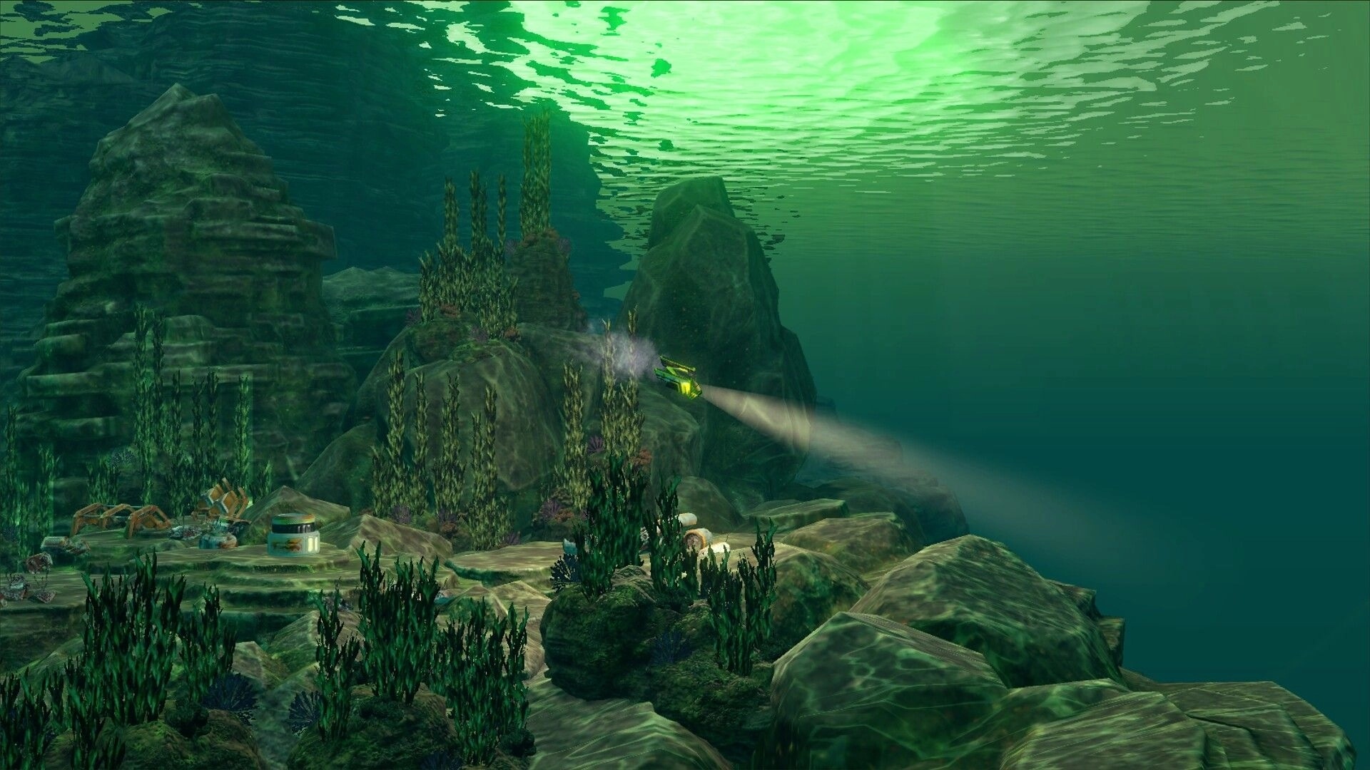 Sub-Species: Small submarine exploring rocky underwater terrain with green light filtering from above