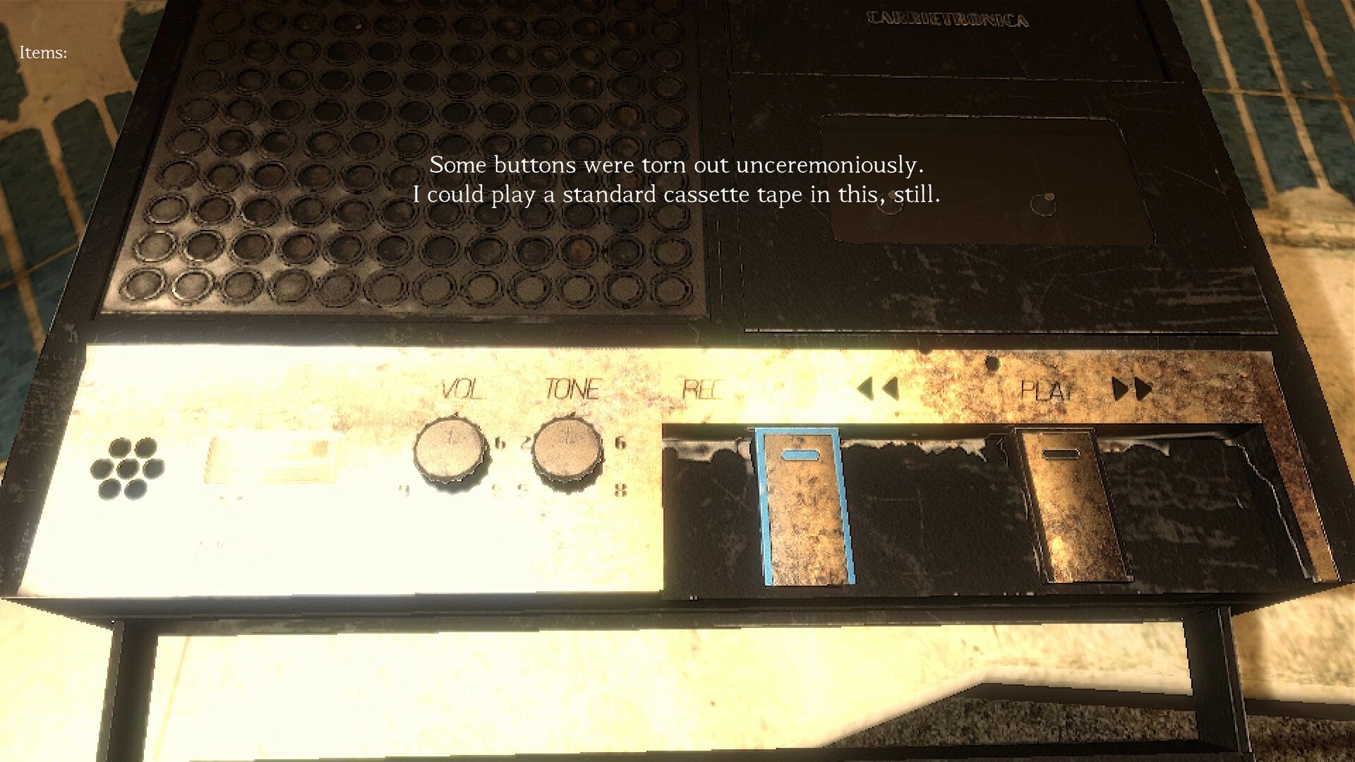 Subjectivation: Inspecting a broken cassette player with on-screen text prompt in a grimy room.