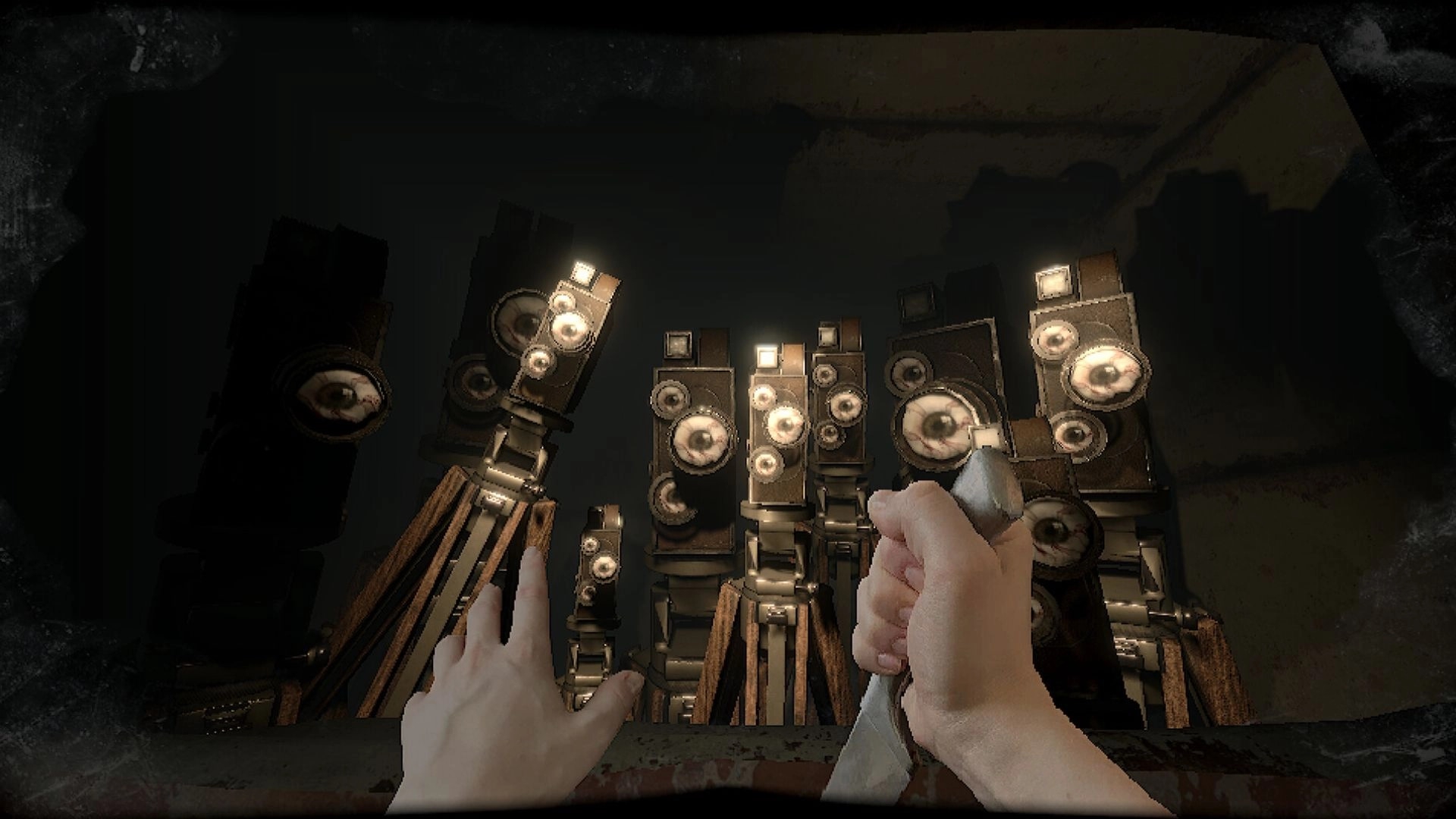 Subjectivation: First-person hands hold a blade facing eerie eye-speaker towers in a dark chamber.