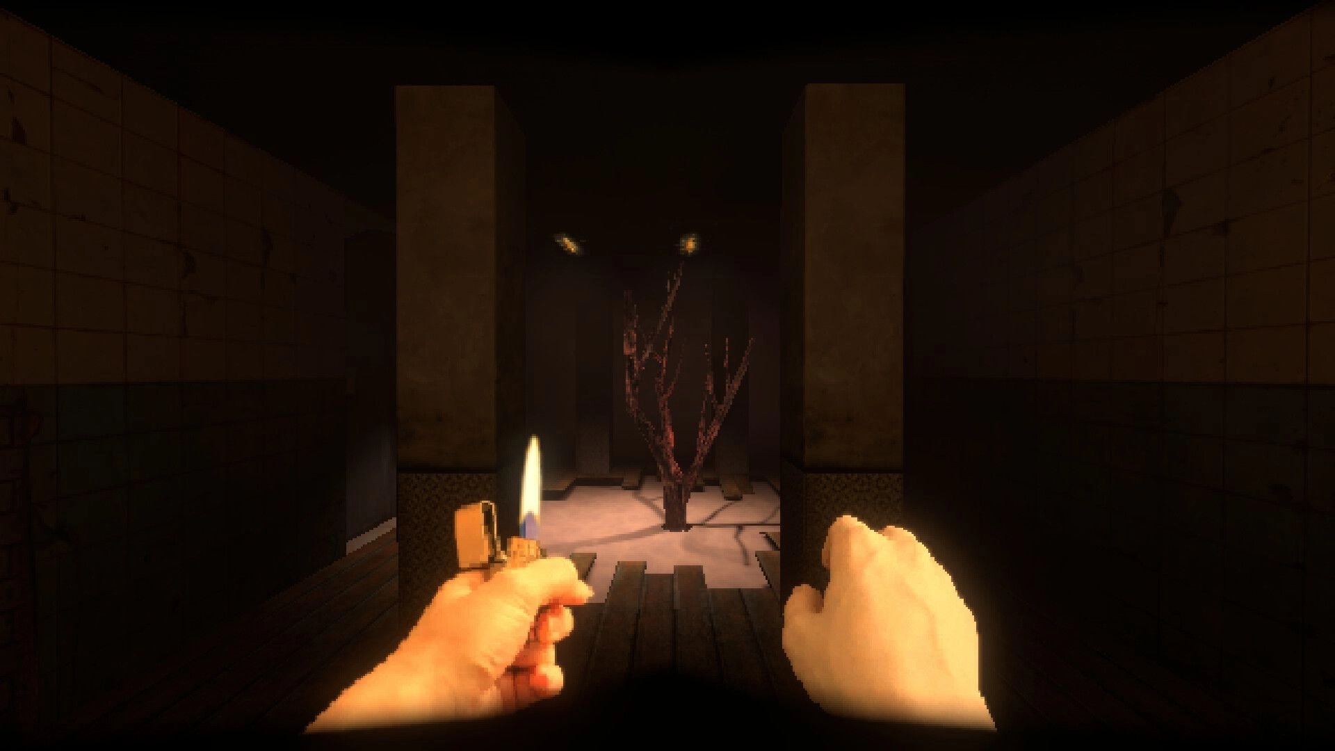 Subjectivation: First-person hands hold a lighter in a dark corridor opening to a snowy yard.