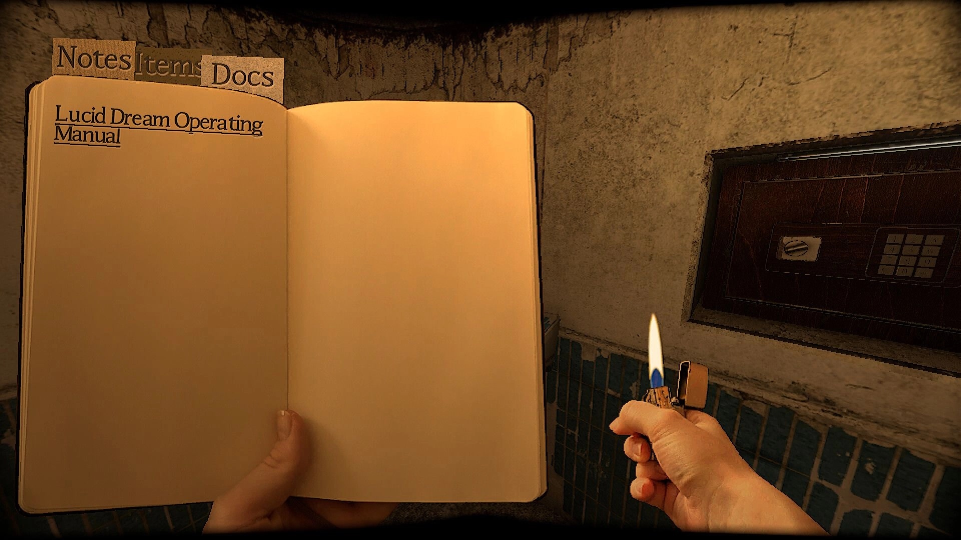 Subjectivation: Docs menu open on Lucid Dream Operating Manual page beside a wall safe keypad.