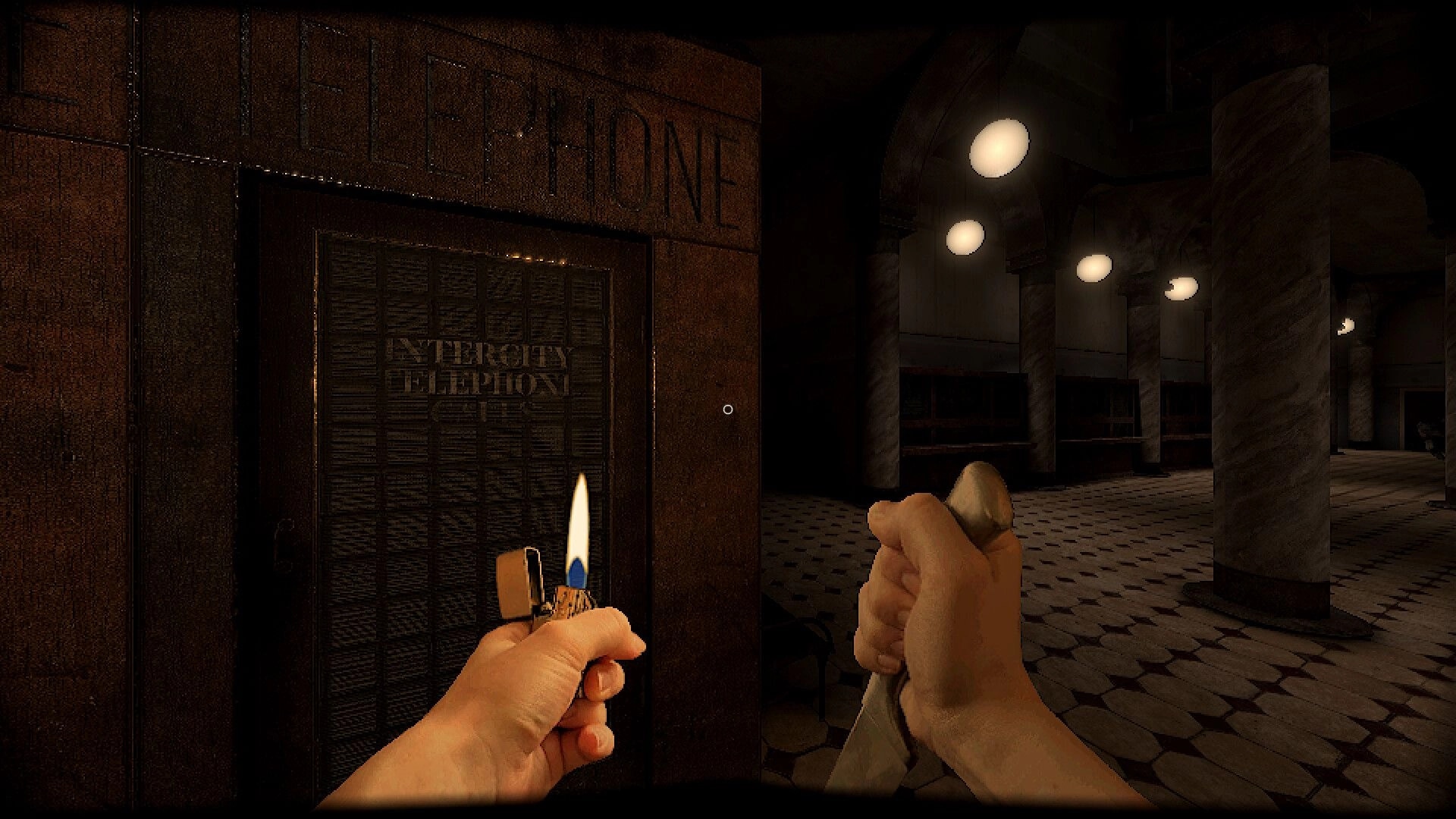 Subjectivation: First-person view holding a lighter and cloth by a phone booth in a dim subway corridor.