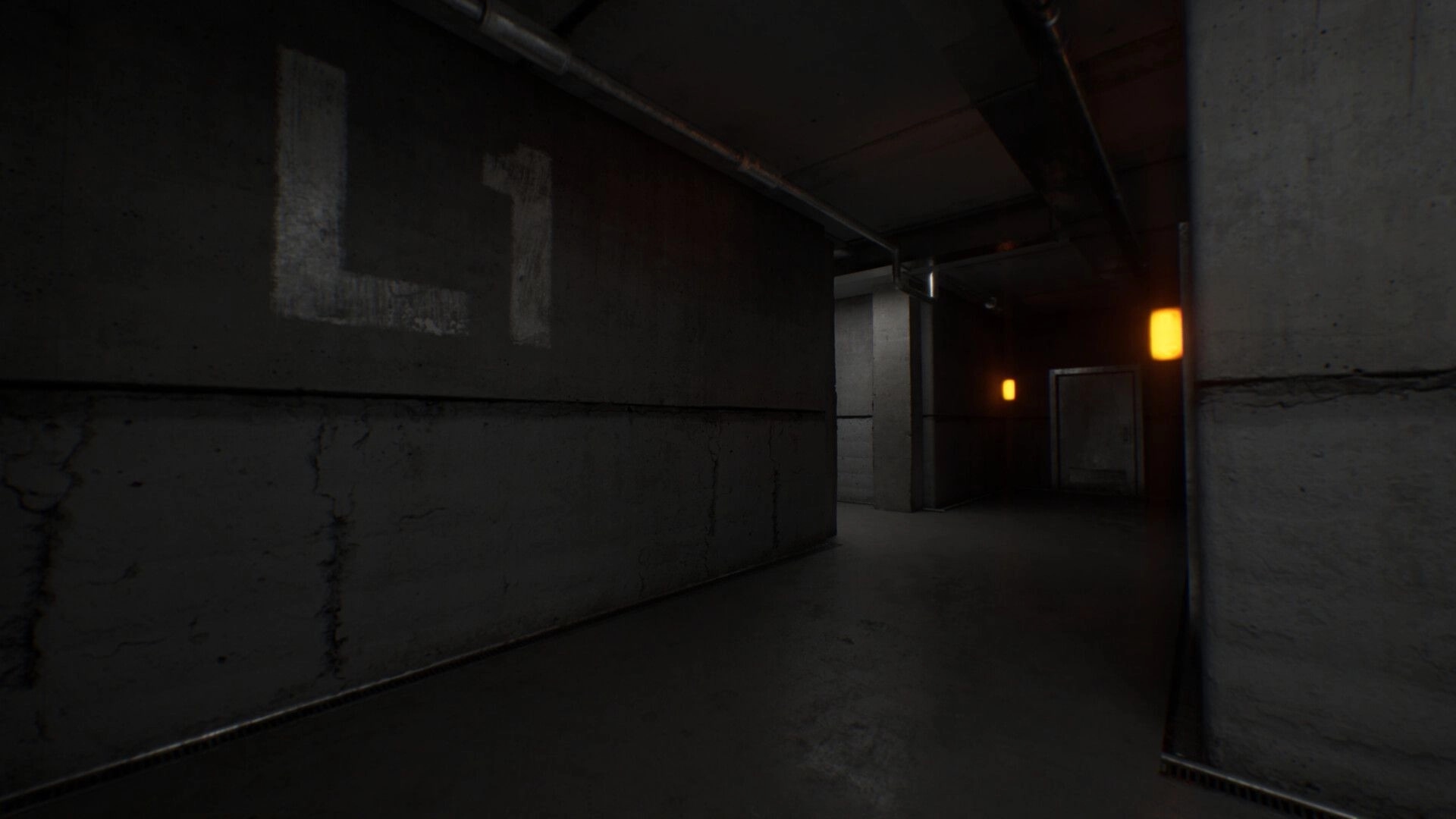 Subliminal: Dimly lit concrete hallway with L1 marking, orange lights, and a closed metal door