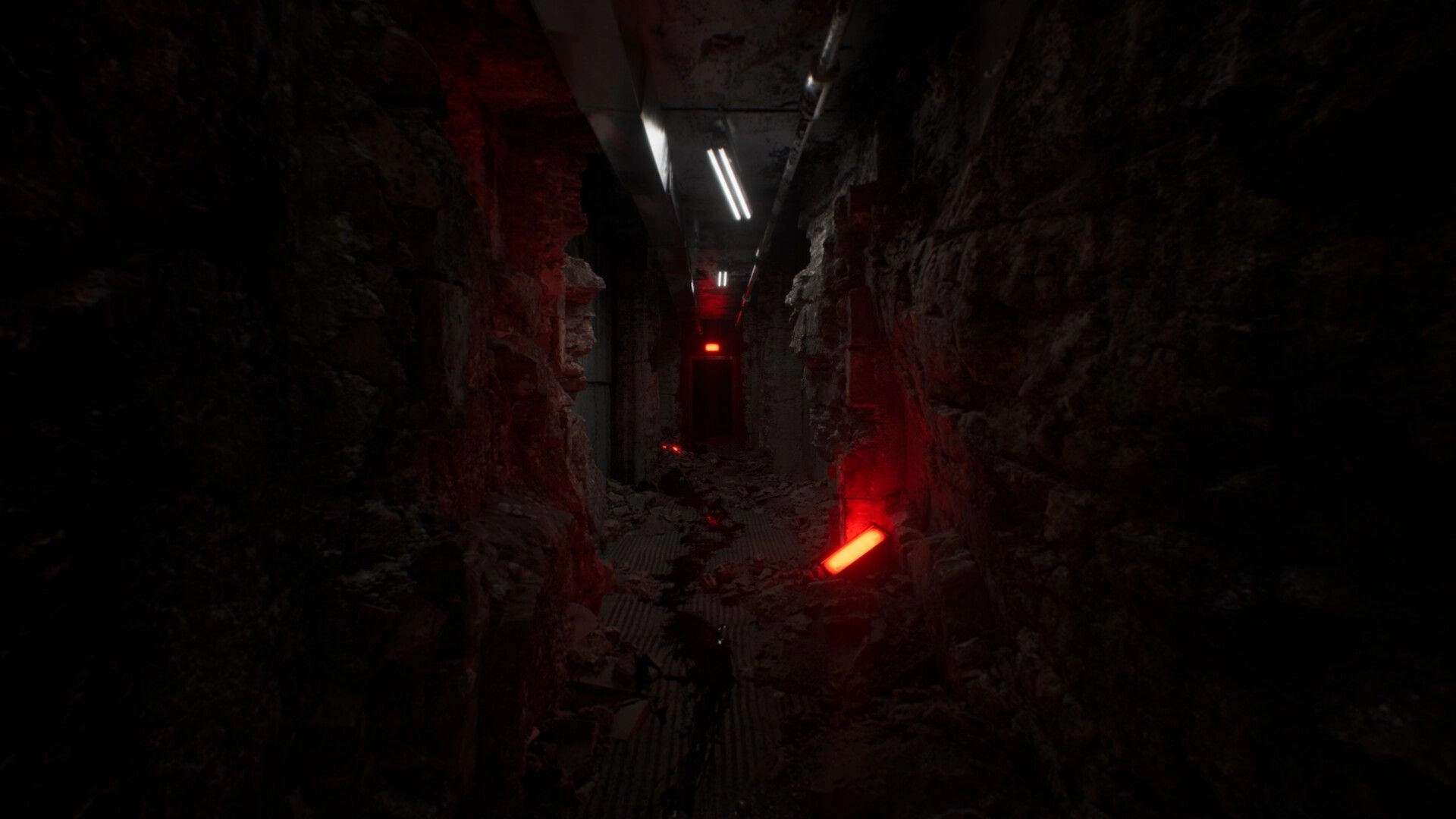 Subliminal: Dimly lit corridor with red emergency lights and debris scattered on the floor