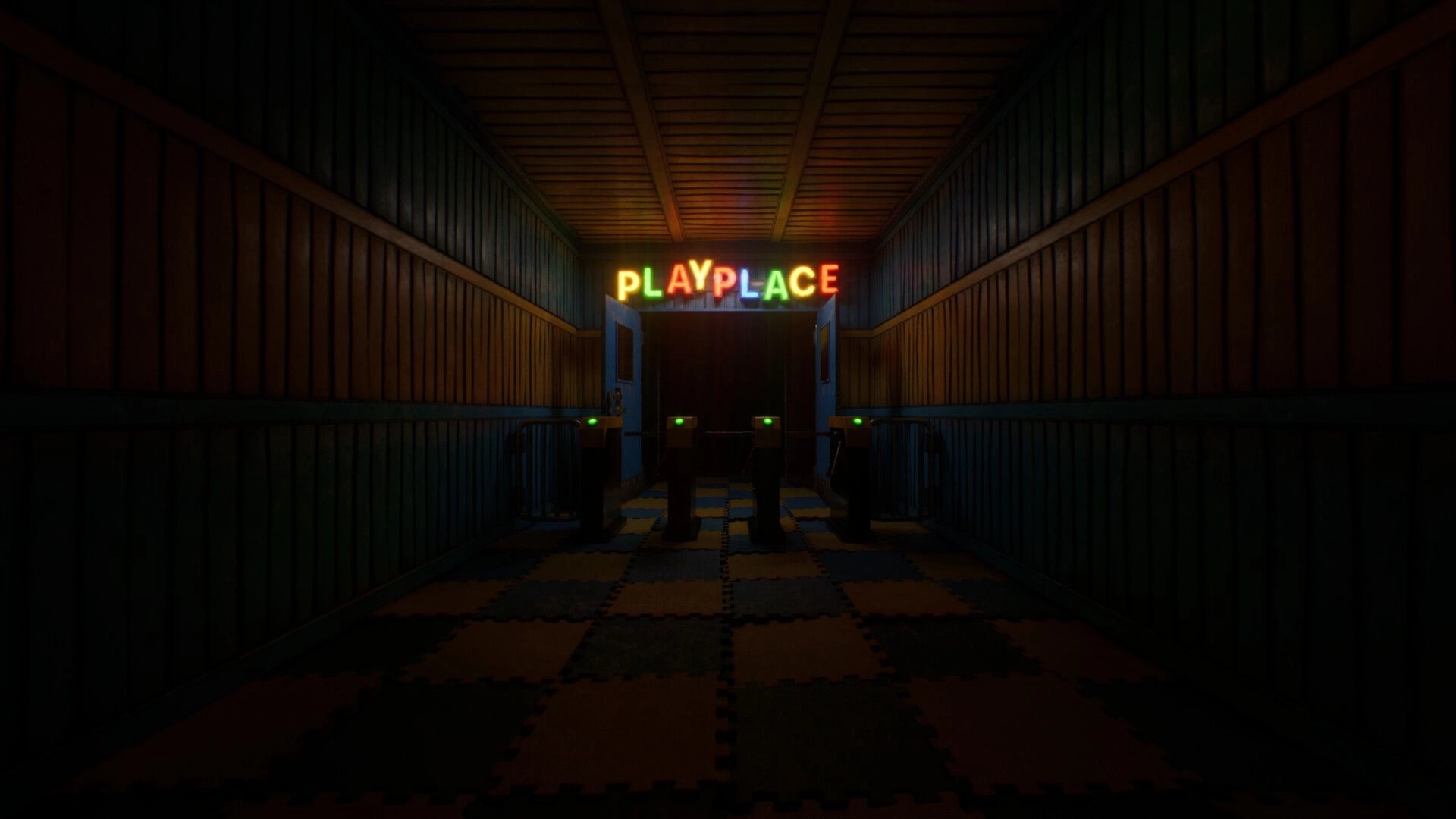 Subliminal: Dimly lit hallway with colorful "PLAYPLACE" sign above turnstiles and checkered floor tiles