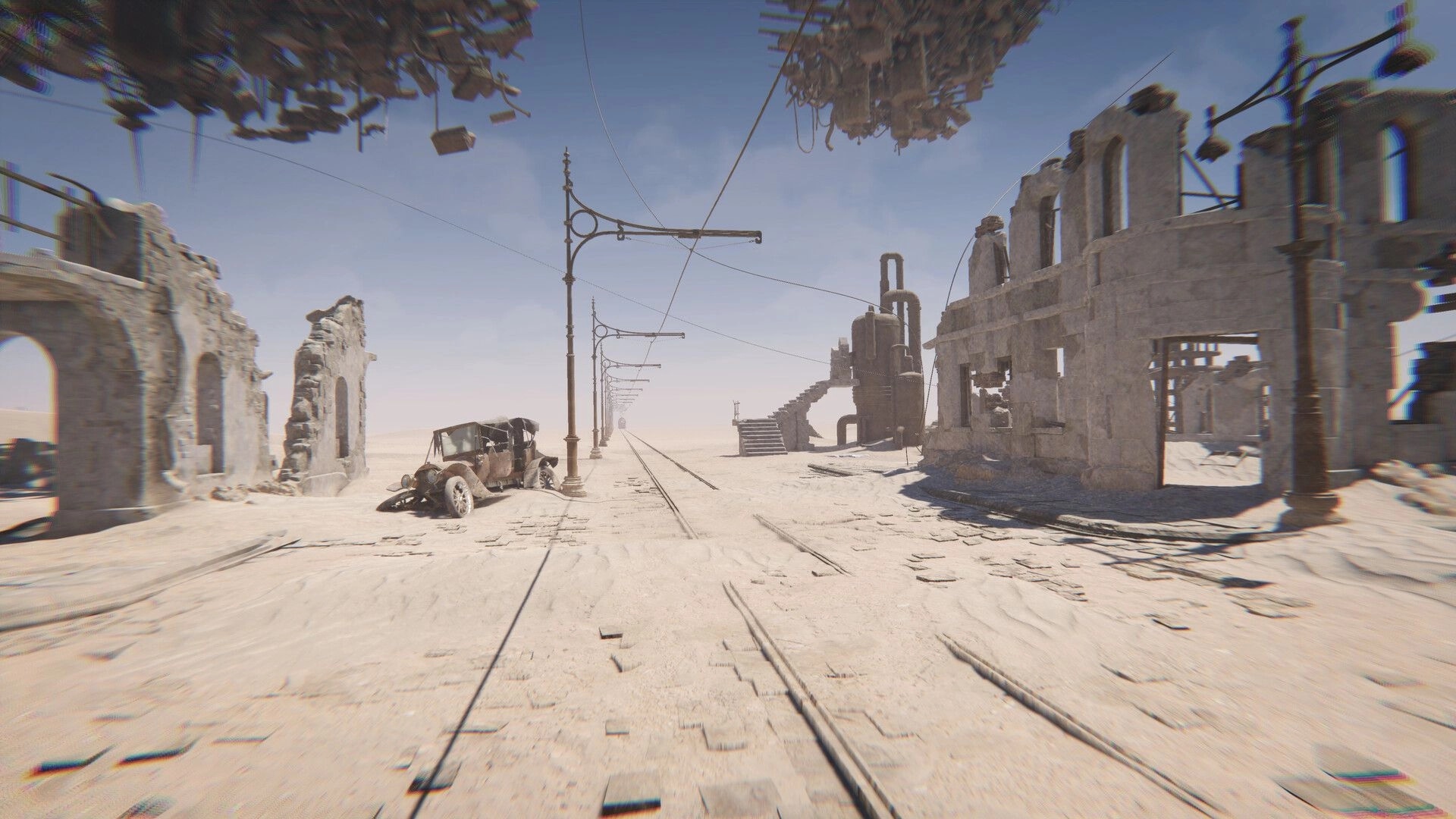 Sublustrum: Empty tram tracks past a wrecked car through sand-buried ruins under a clear sky.