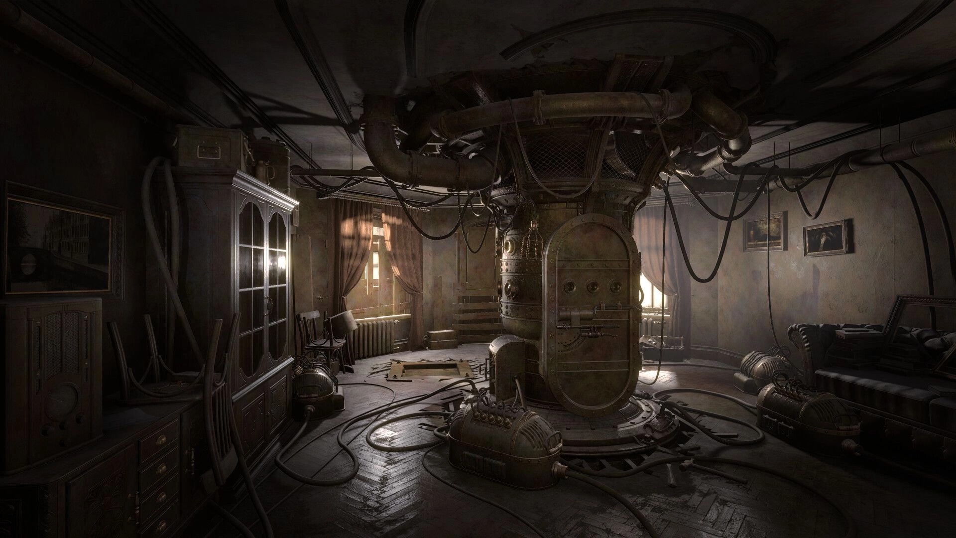 Sublustrum: Massive brass machine with hanging cables in a dim apartment room with windows and furniture.