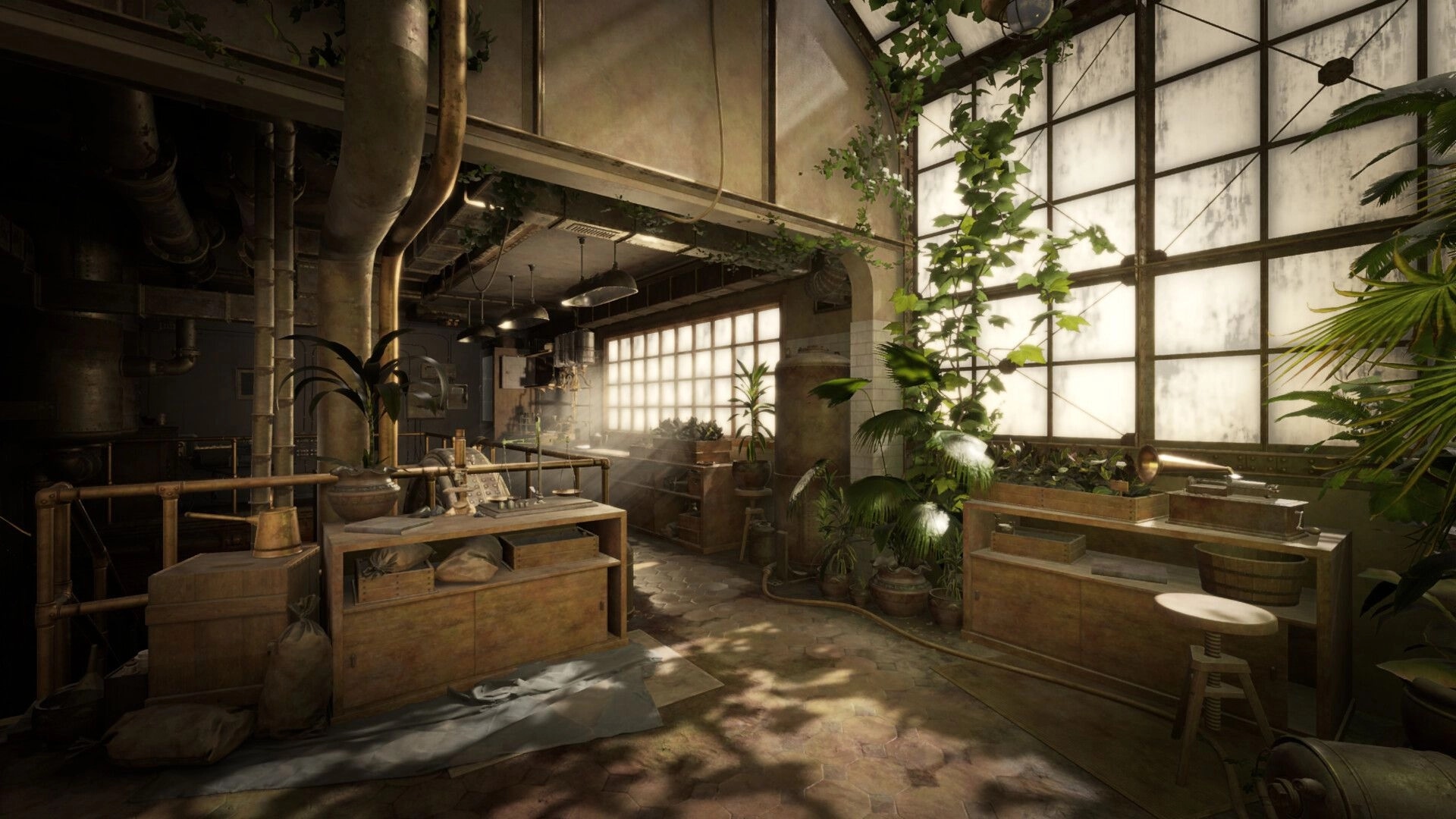 Sublustrum: Sunlit greenhouse workshop with pipes, benches, and potted plants by tall windows.