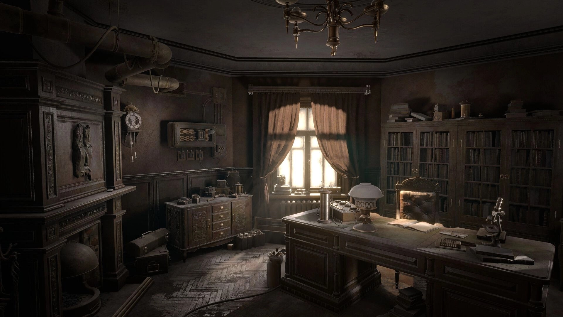 Sublustrum: Dusty scientist office with desk lamp and microscope, bookshelves and curtained window.