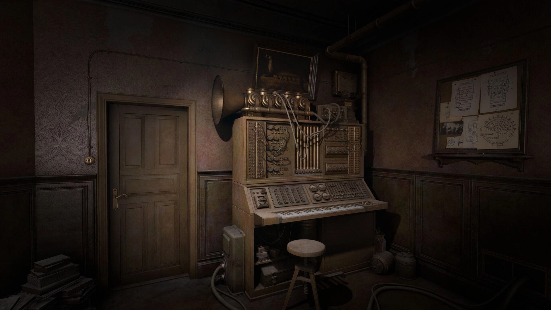 Sublustrum: Interacting with a bulky audio console with keyboard and cables in a dim workshop room.