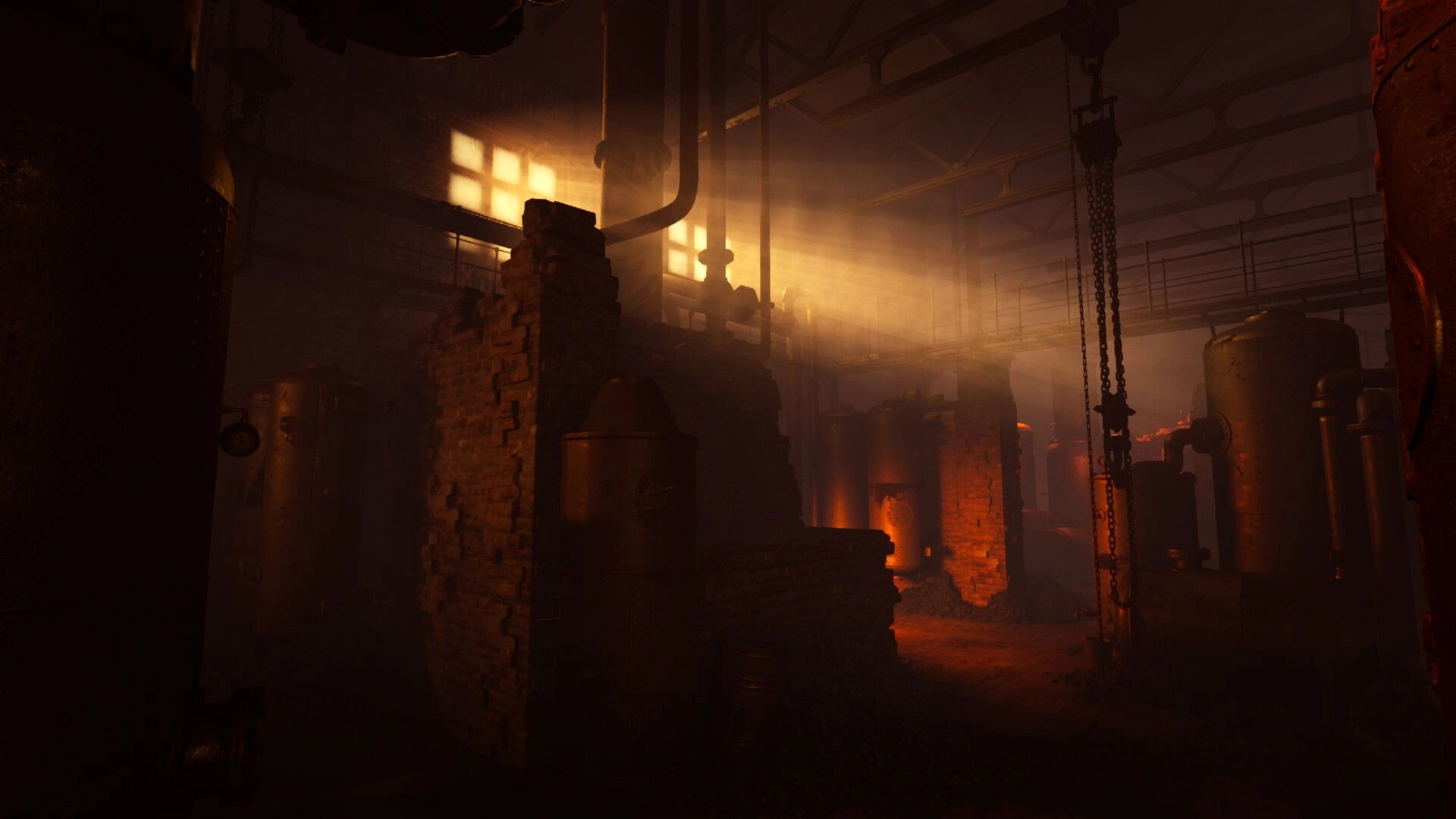 Sublustrum: Exploring a dim boiler room with pipes, brick tanks, catwalk, and hanging chains.