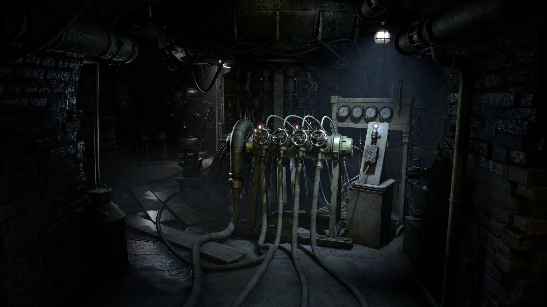 Sublustrum: Valve-and-hose machine with gauges and a lever in a dim, pipe-filled basement room.